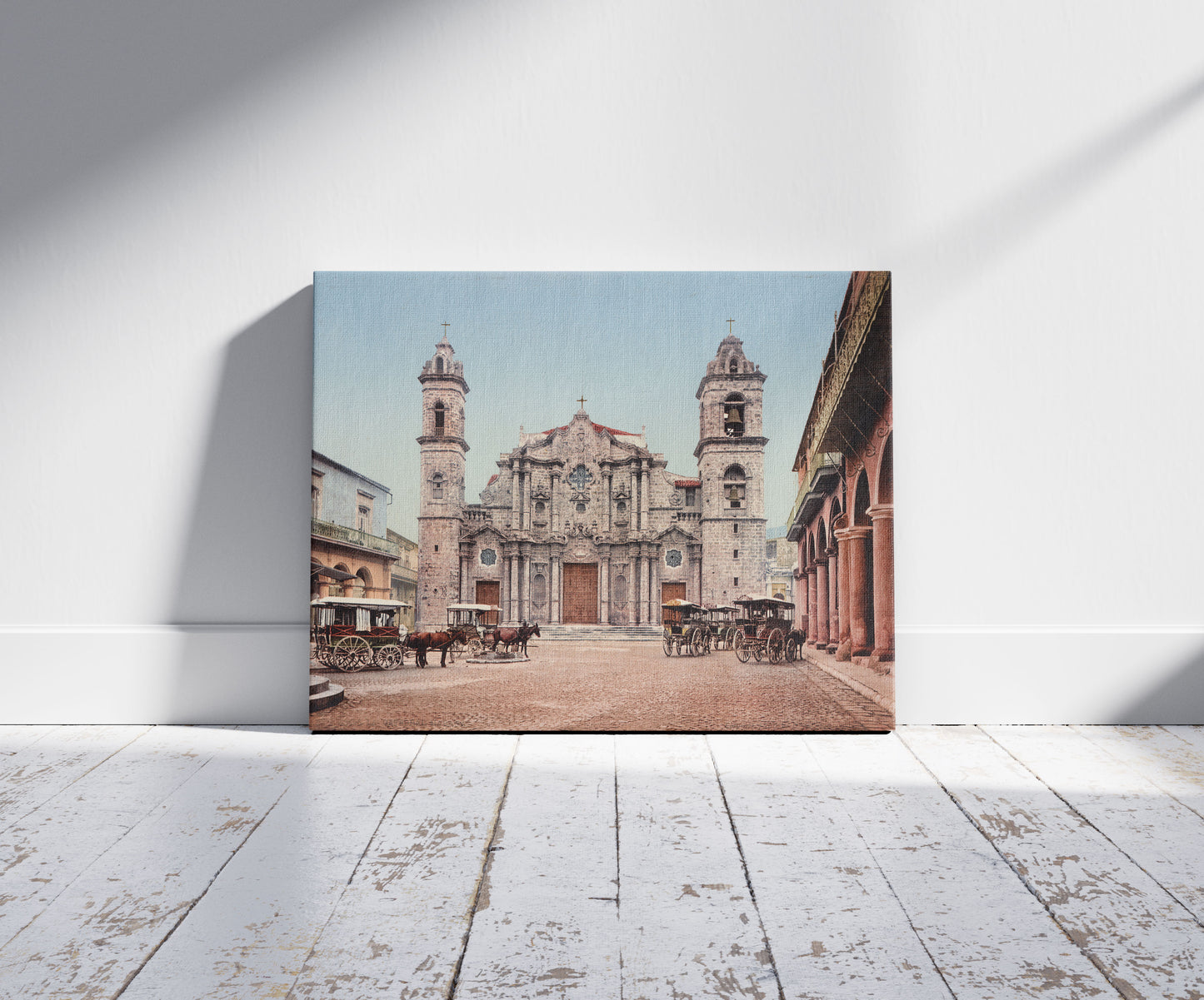 A picture of La Catedral, Habana, a mockup of the print leaning against a wall