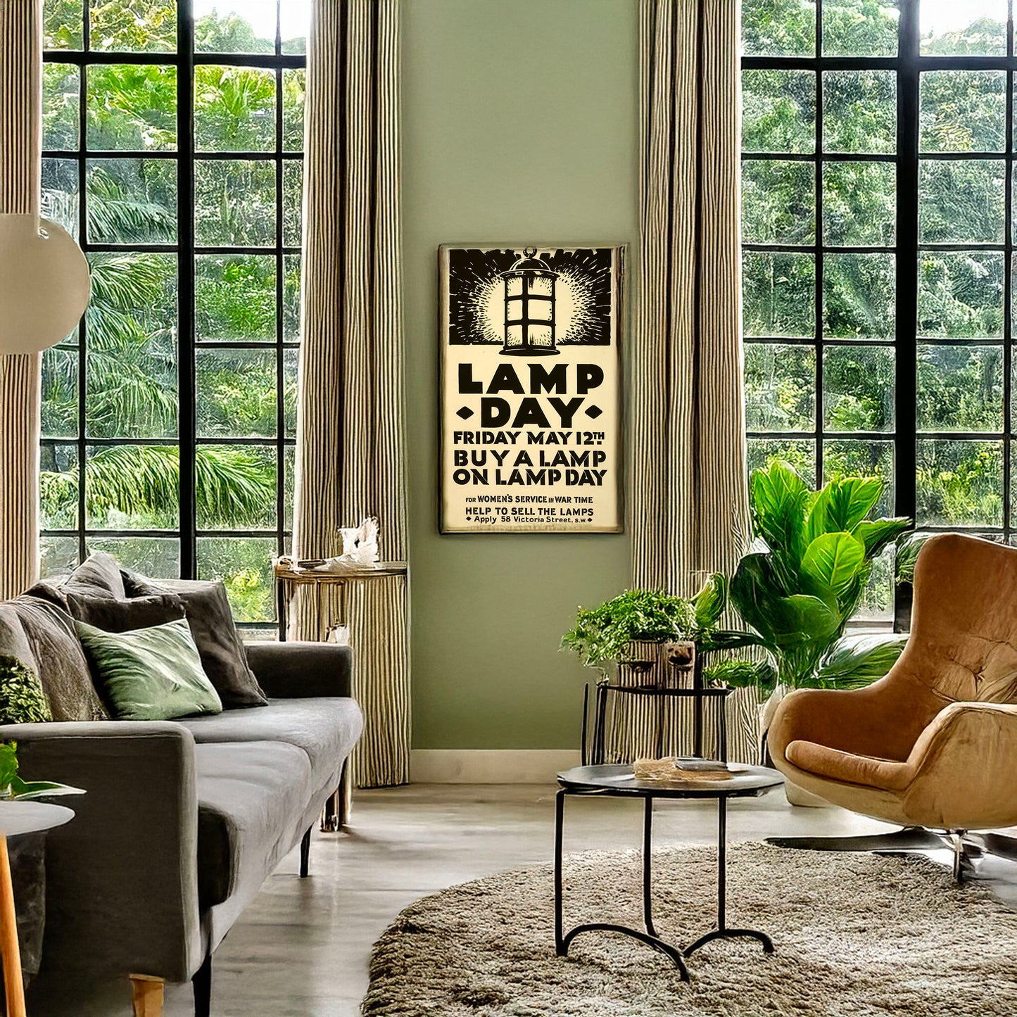 A picture of Lamp day, Friday, May 12th. Buy a lamp on lamp day for women's service in war time, a mockup of the print leaning against a wall