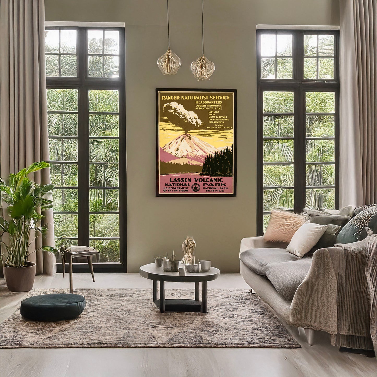 A picture of Lassen Volcanic National Park, Ranger Naturalist Service, a mockup of the print leaning against a wall