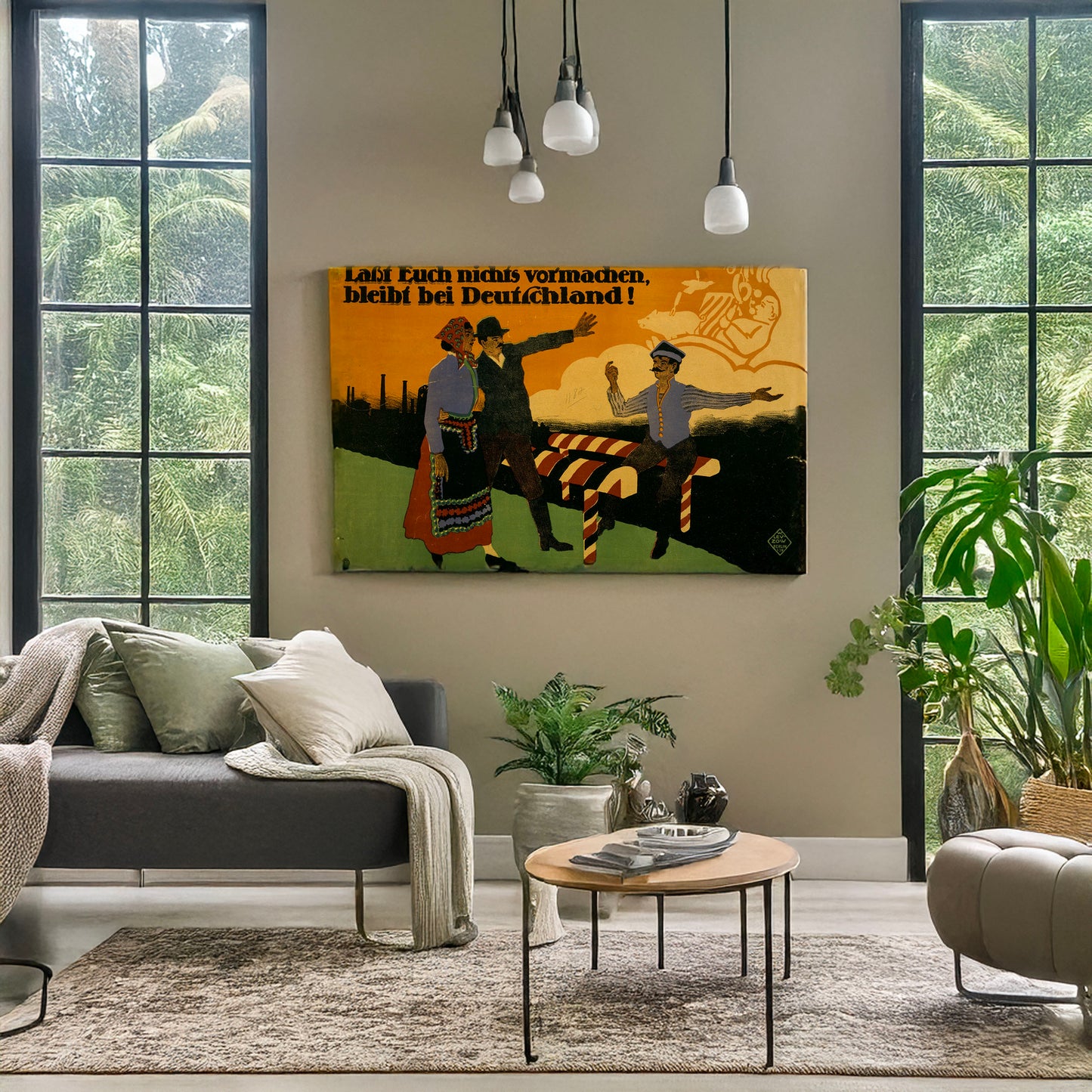 A picture of Lasst Euch nichts vormachen, bleibt bei Deutschland!, a mockup of the print leaning against a wall