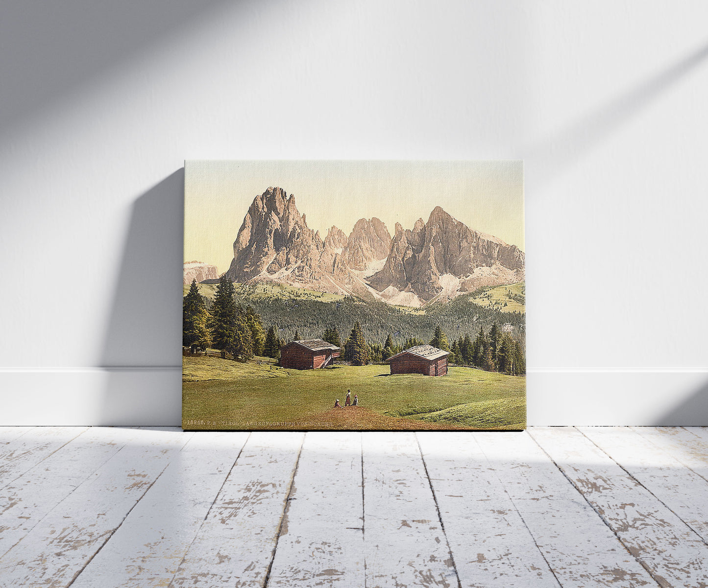 A picture of Laugkofigruppe (i.e., Langkofelgruppe), from the north, Tyrol, Austro-Hungary, a mockup of the print leaning against a wall