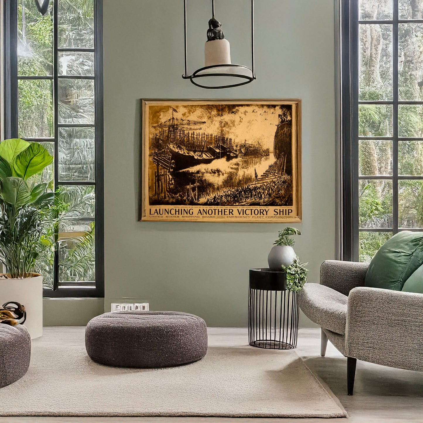 A picture of Launching another victory ship United States Shipping Board, Emergency Fleet Corporation /, a mockup of the print leaning against a wall