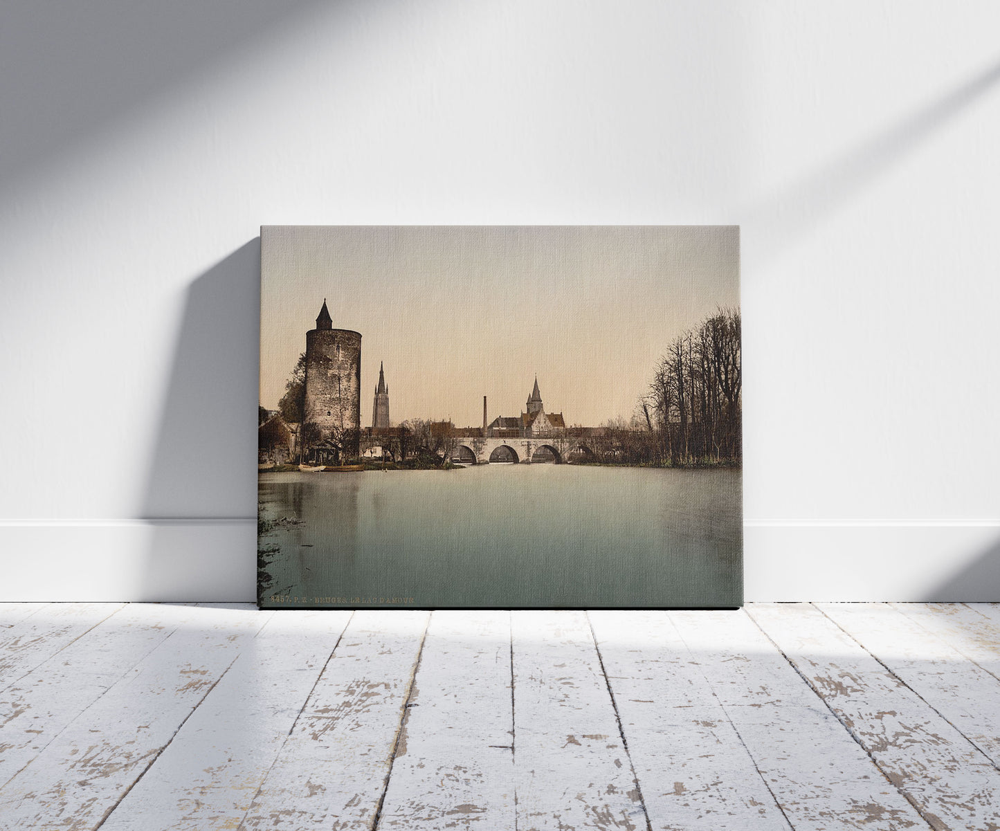 A picture of Le Lac d'Amour, Bruges, Belgium, a mockup of the print leaning against a wall