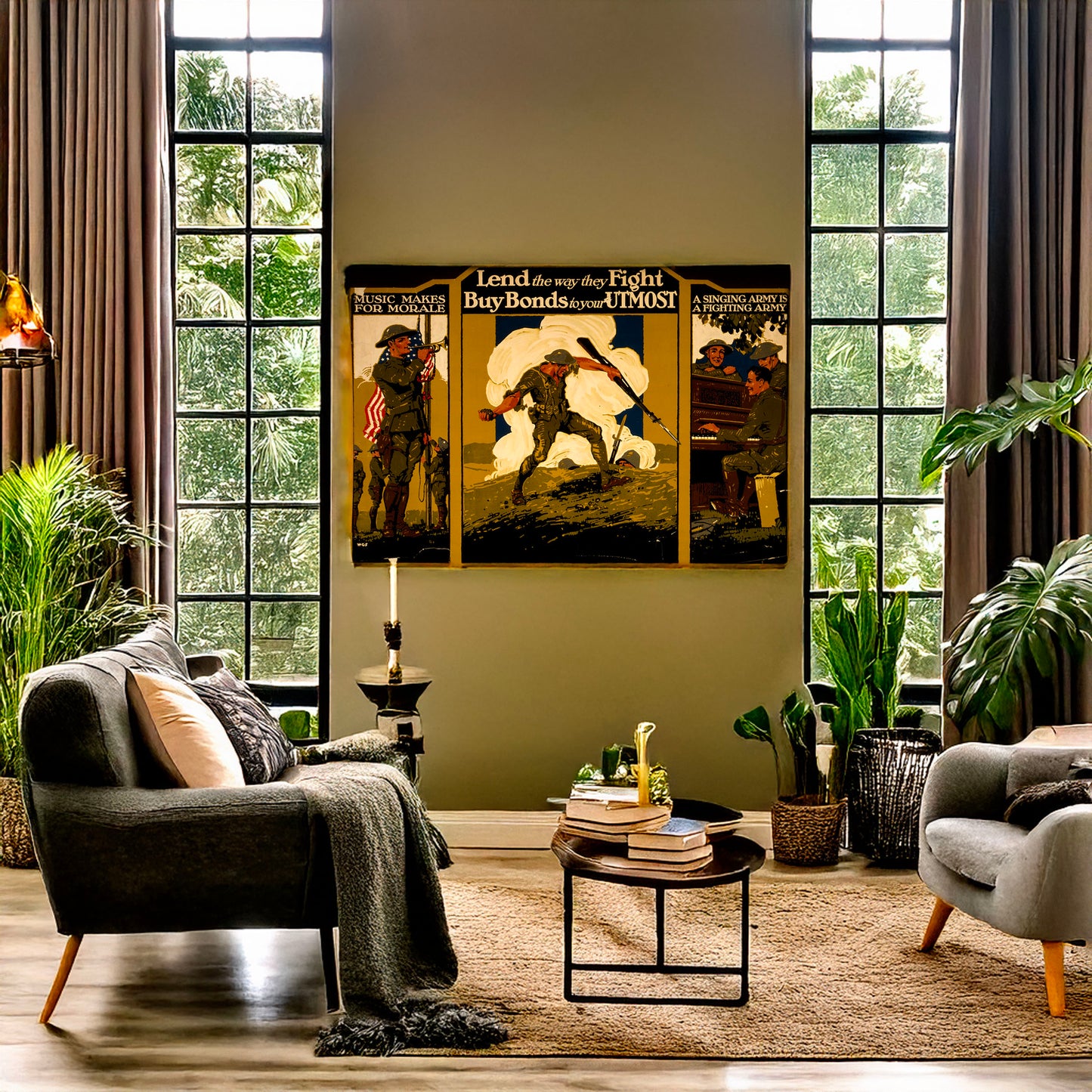 A picture of Lend the way they fight--Buy bonds to your utmost Music makes for morale--A singing army is a fighting army /, a mockup of the print leaning against a wall