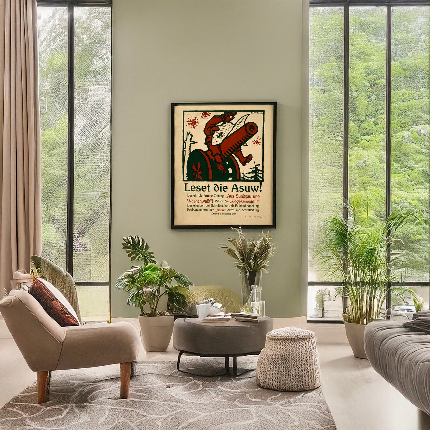 A picture of Leset die Asuw!, a mockup of the print leaning against a wall