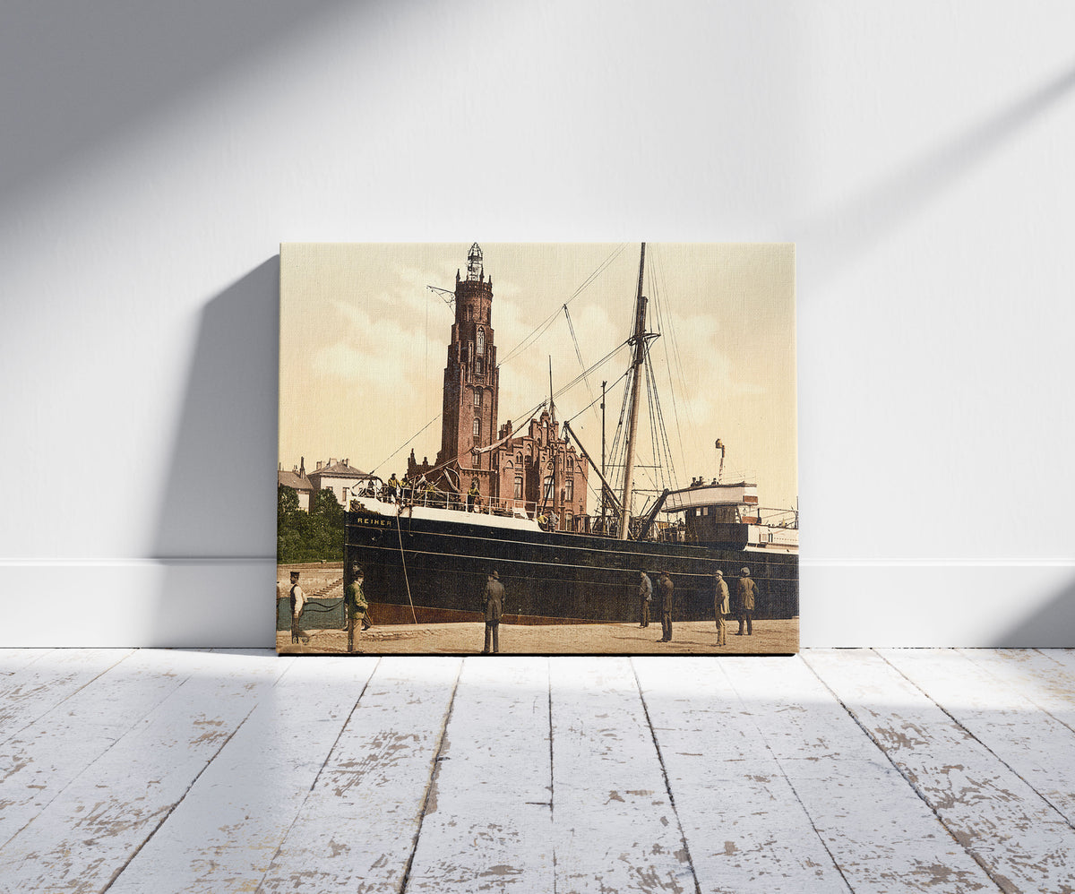 A picture of Lighthouse, Bremerhafen, Hanover (i.e. Hannover), Germany, a mockup of the print leaning against a wall