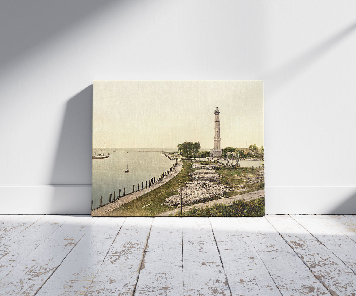 A picture of Lighthouse, Swinemunde, Pomerania, Germany (i.e., Świnoujście, Poland), a mockup of the print leaning against a wall