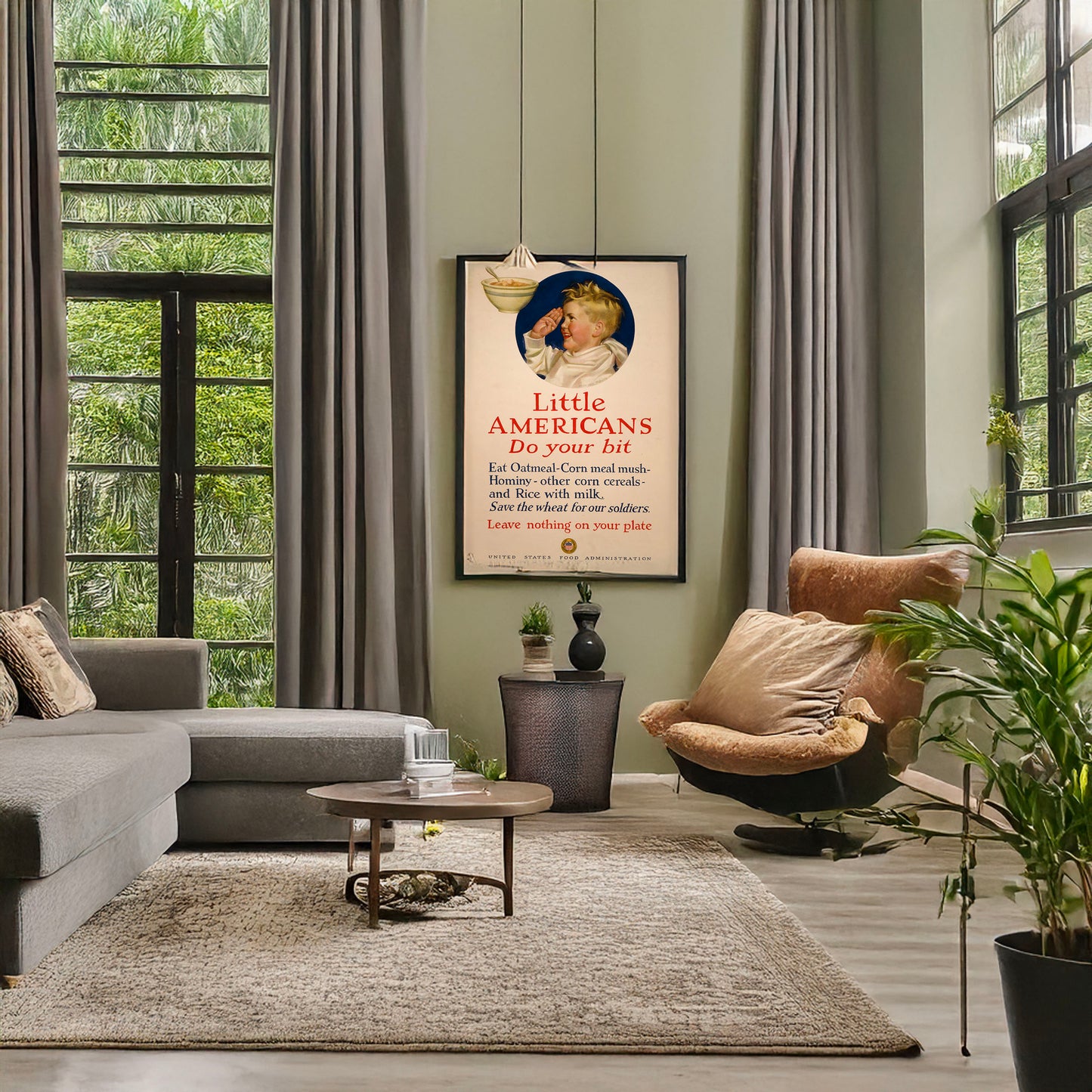 A picture of Little Americans, do your bit Eat oatmeal, corn meal mush, ... Save the wheat for our soldiers - Leave nothing on your plate /, a mockup of the print leaning against a wall