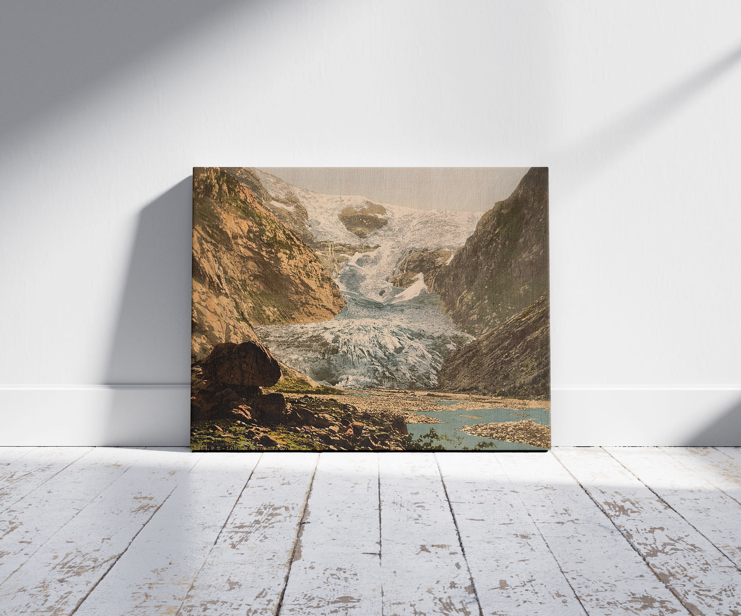A picture of Loen, Kjendalskronebrae, Nordfjord, Norway, a mockup of the print leaning against a wall