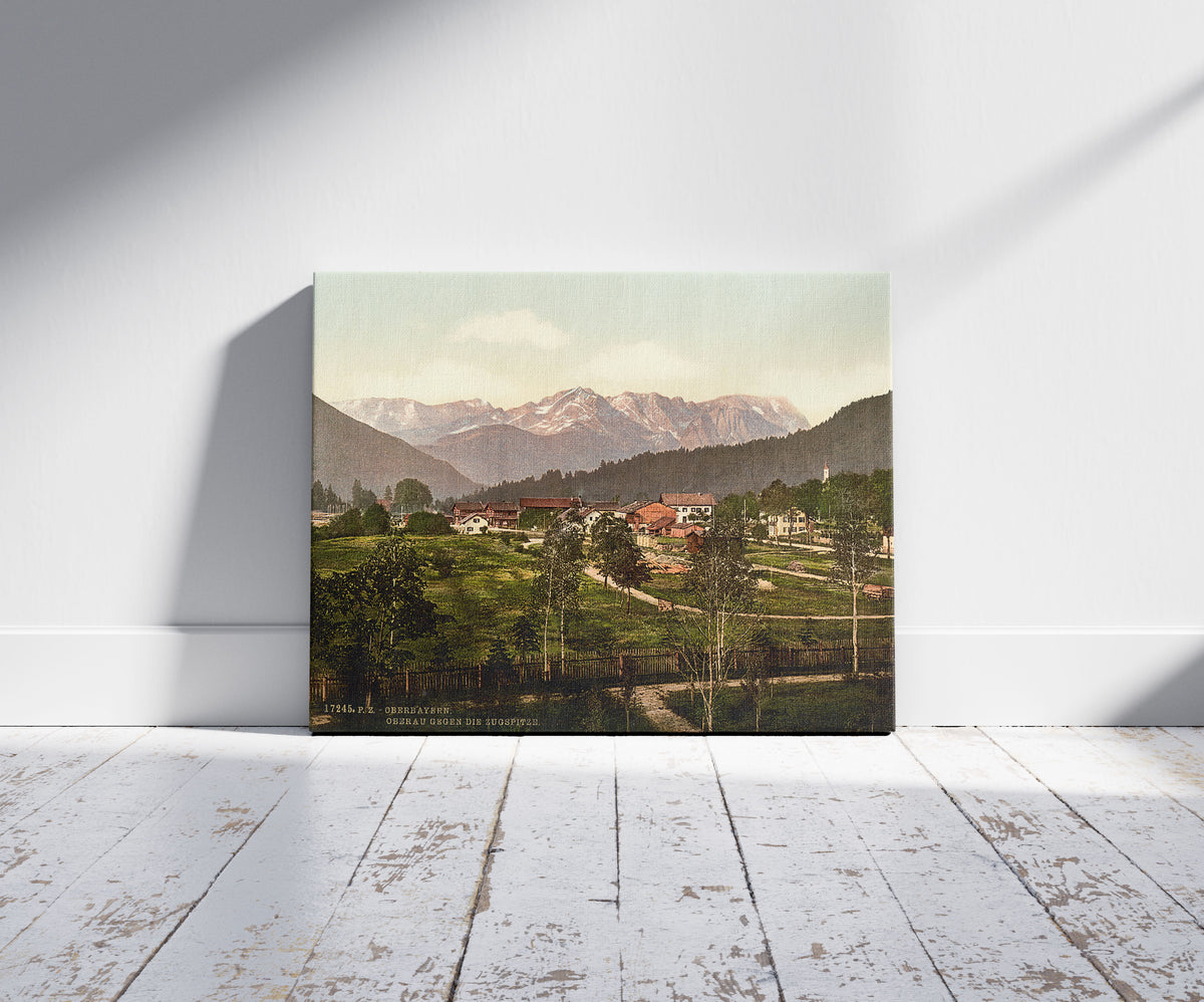 A picture of Looking towards the Zugspitze, Oberau, Upper Bavaria, Germany, a mockup of the print leaning against a wall