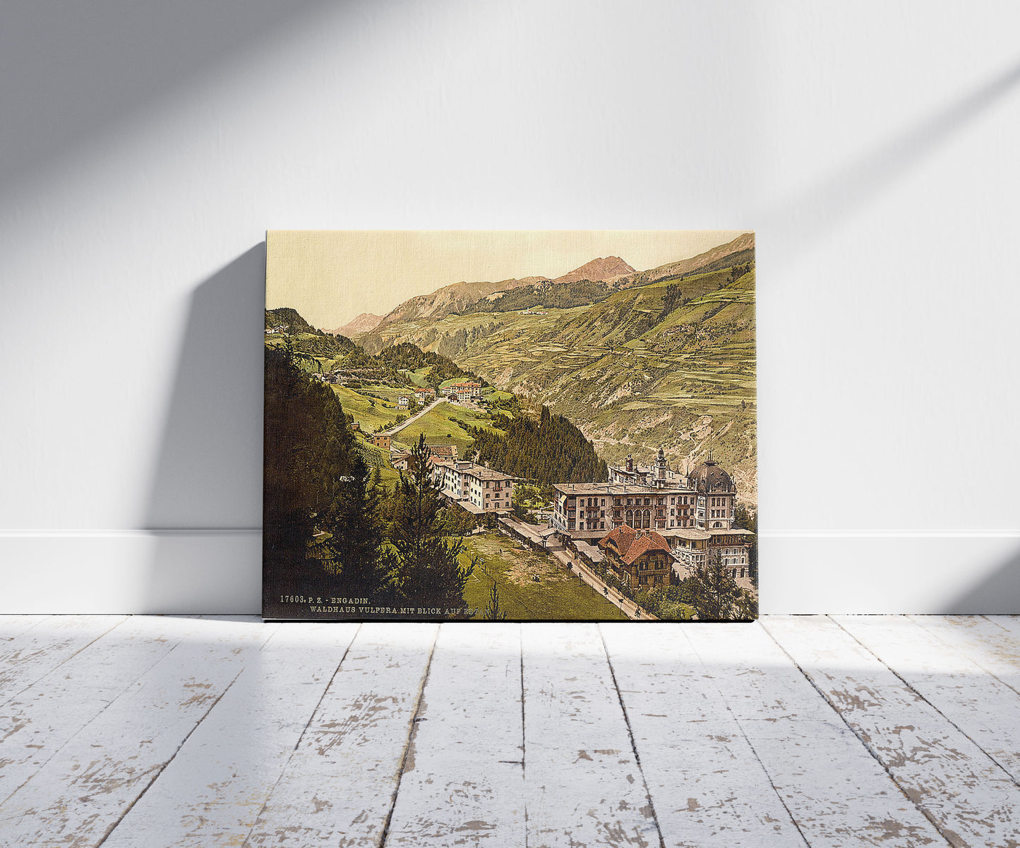 A picture of Lower Engadine, Vulpera and Fetan, Grisons, Switzerland, a mockup of the print leaning against a wall