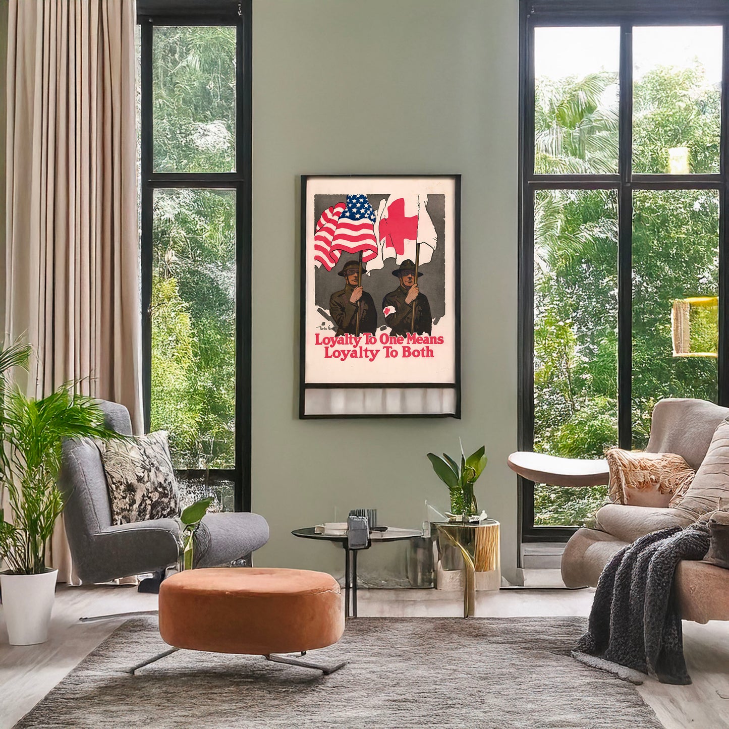 A picture of Loyalty to one means loyalty to both, a mockup of the print leaning against a wall