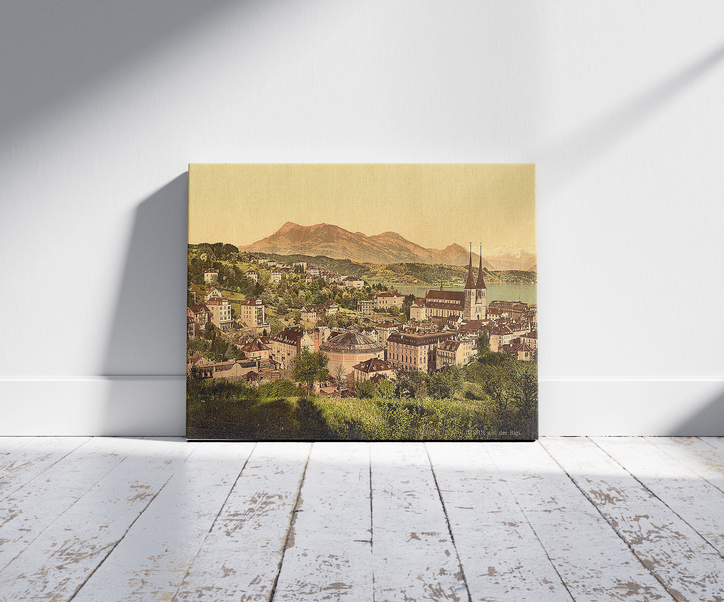 A picture of Lucerne and the Rigi, Lake Lucerne, Switzerland, a mockup of the print leaning against a wall