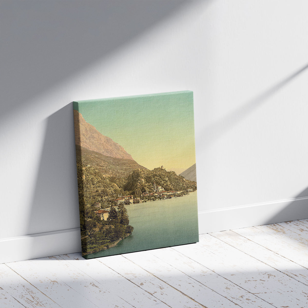 A picture of Lugano, San Mammete, Tessin, Switzerland, a mockup of the print leaning against a wall