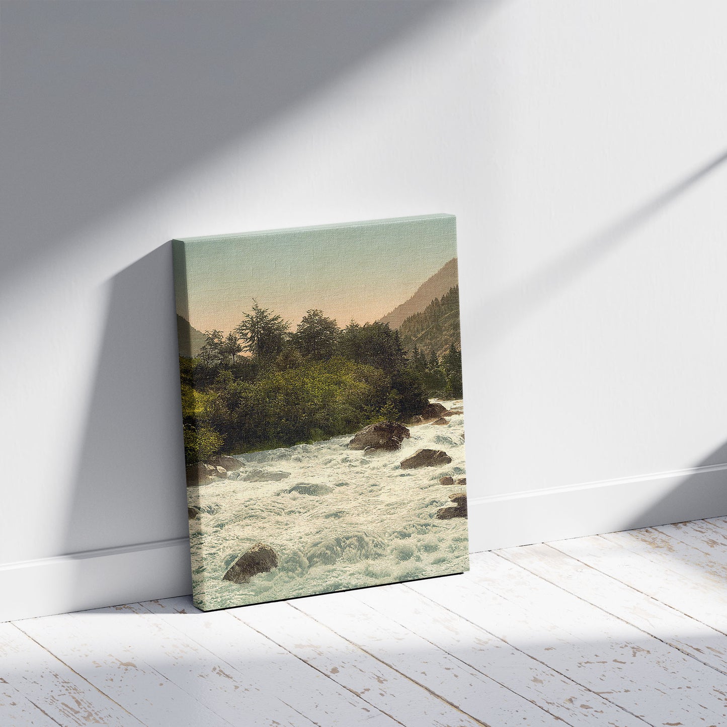 A picture of Lutschinen Valley, Bernese Oberland, Switzerland, a mockup of the print leaning against a wall
