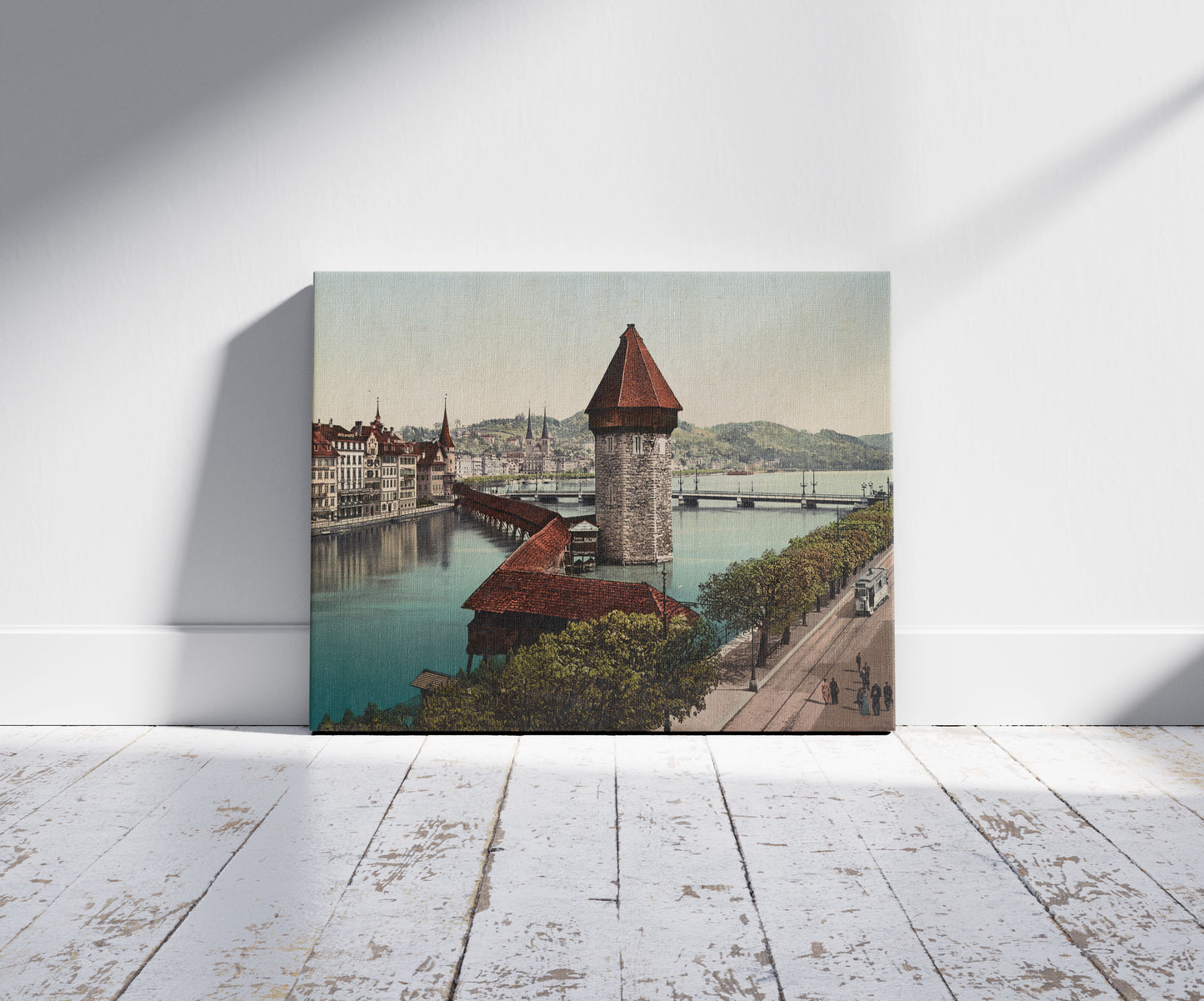 A picture of Luzerne. Kapellbrücke Ghcl? das Schweizerhofquai, a mockup of the print leaning against a wall
