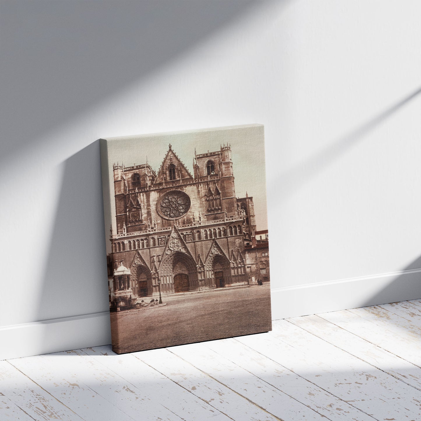 A picture of Lyon. Eglise St. Jean, a mockup of the print leaning against a wall