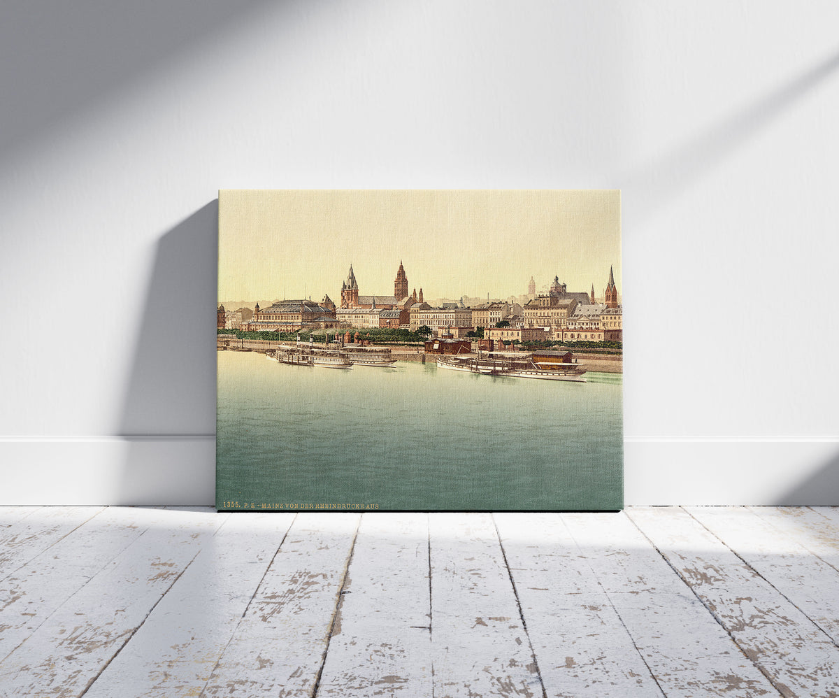 A picture of Mainz, from Rhine Bridge, the Rhine, Germany, a mockup of the print leaning against a wall