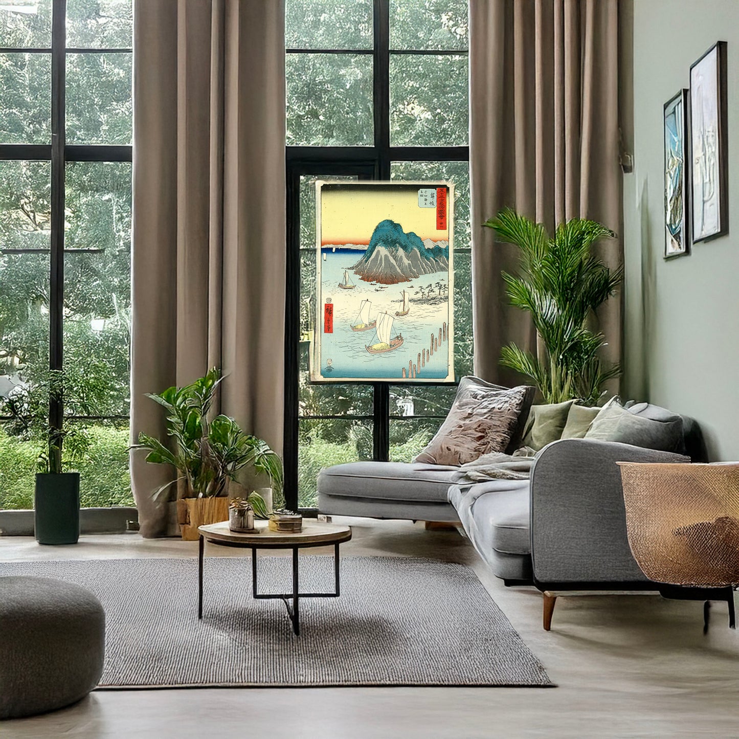 A picture of Maisaka, a mockup of the print leaning against a wall