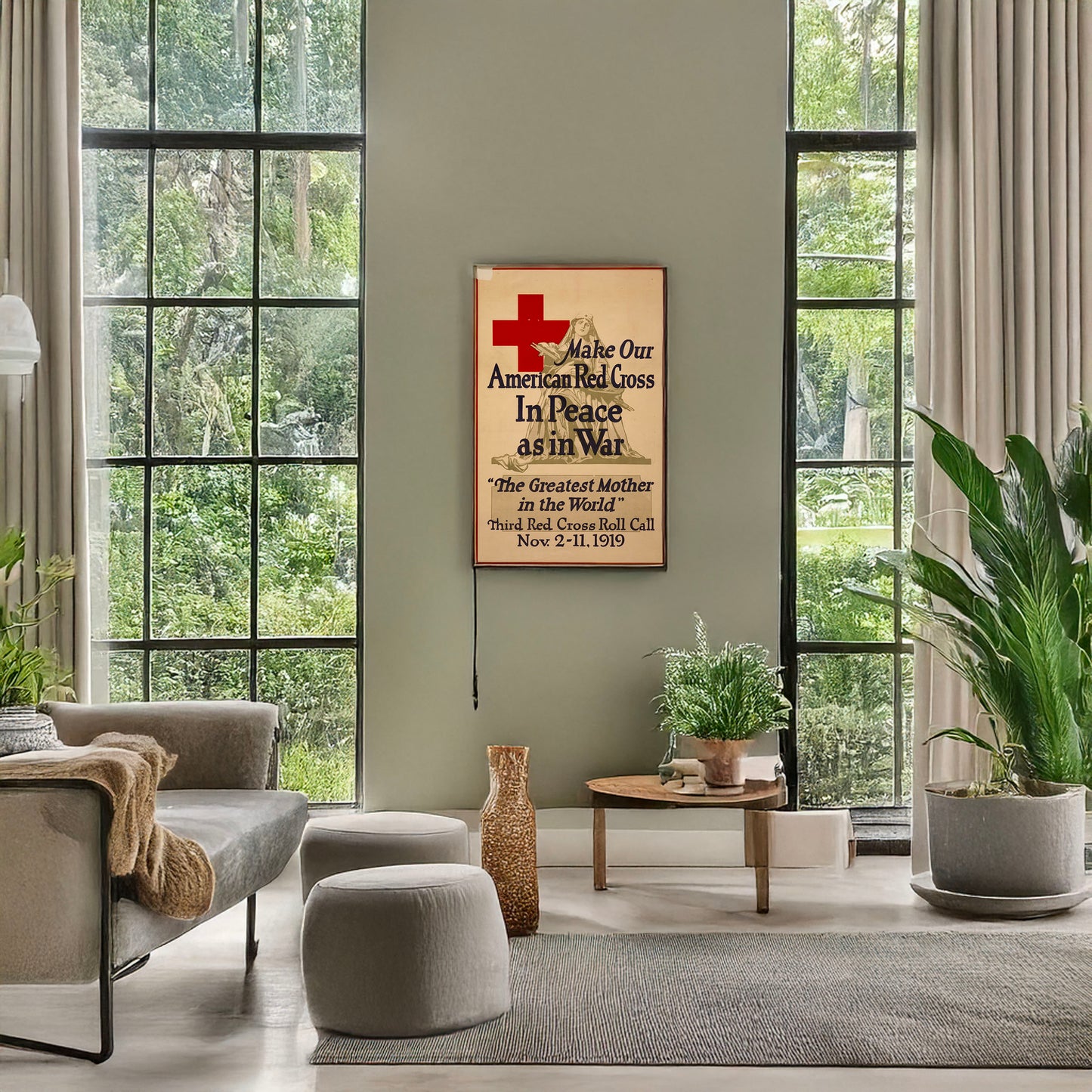 A picture of Make our American Red Cross in peace as in war, "The greatest mother in the world", a mockup of the print leaning against a wall