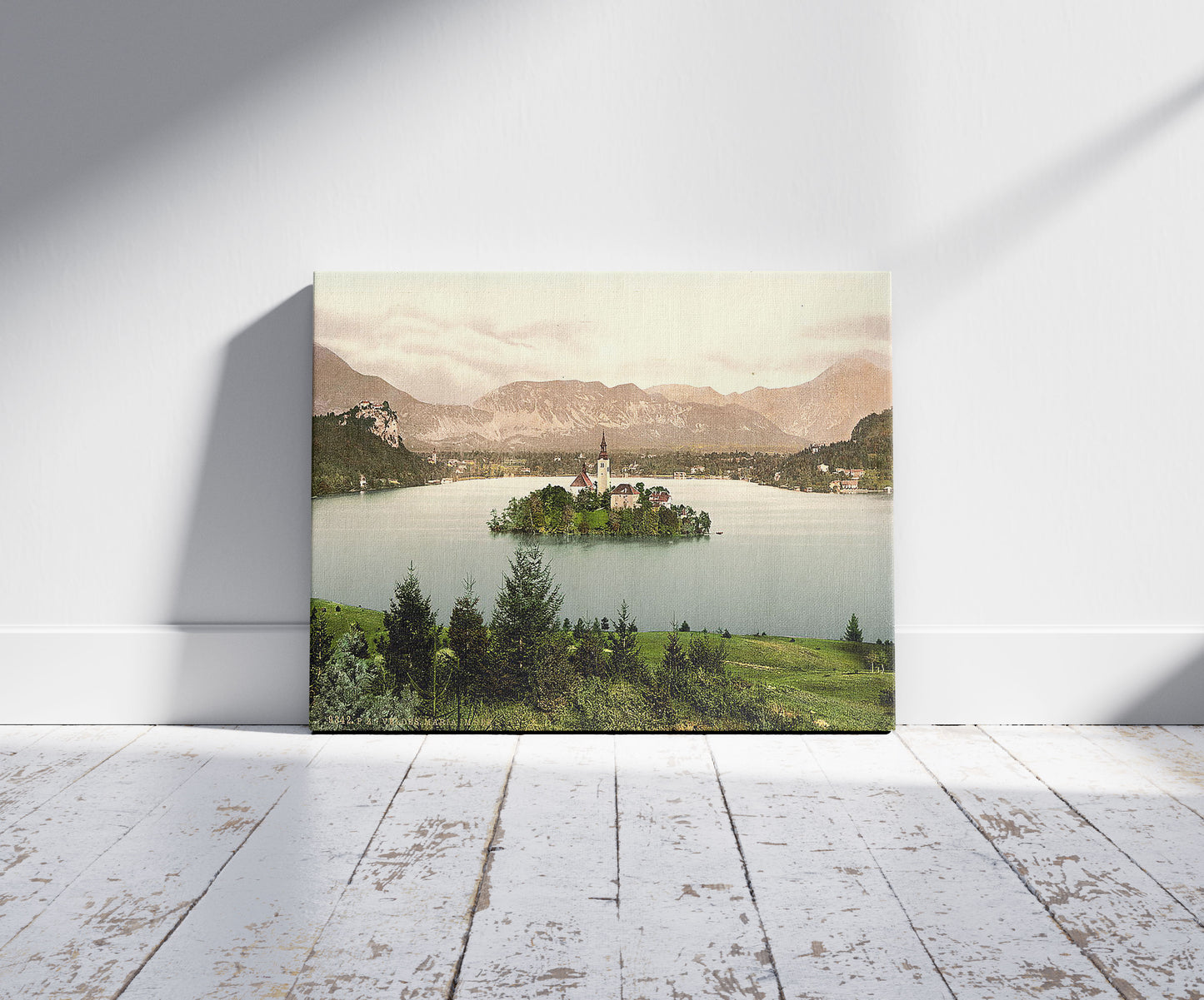 A picture of Maria Lake, Carniola, Austro-Hungary, a mockup of the print leaning against a wall