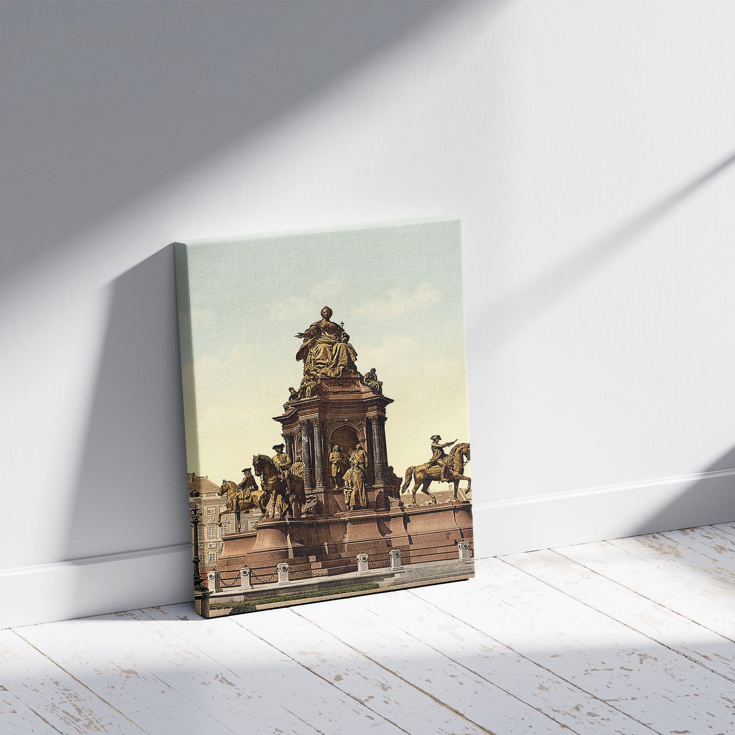 A picture of Maria Theresa Monument, Vienna, Austro-Hungary, a mockup of the print leaning against a wall