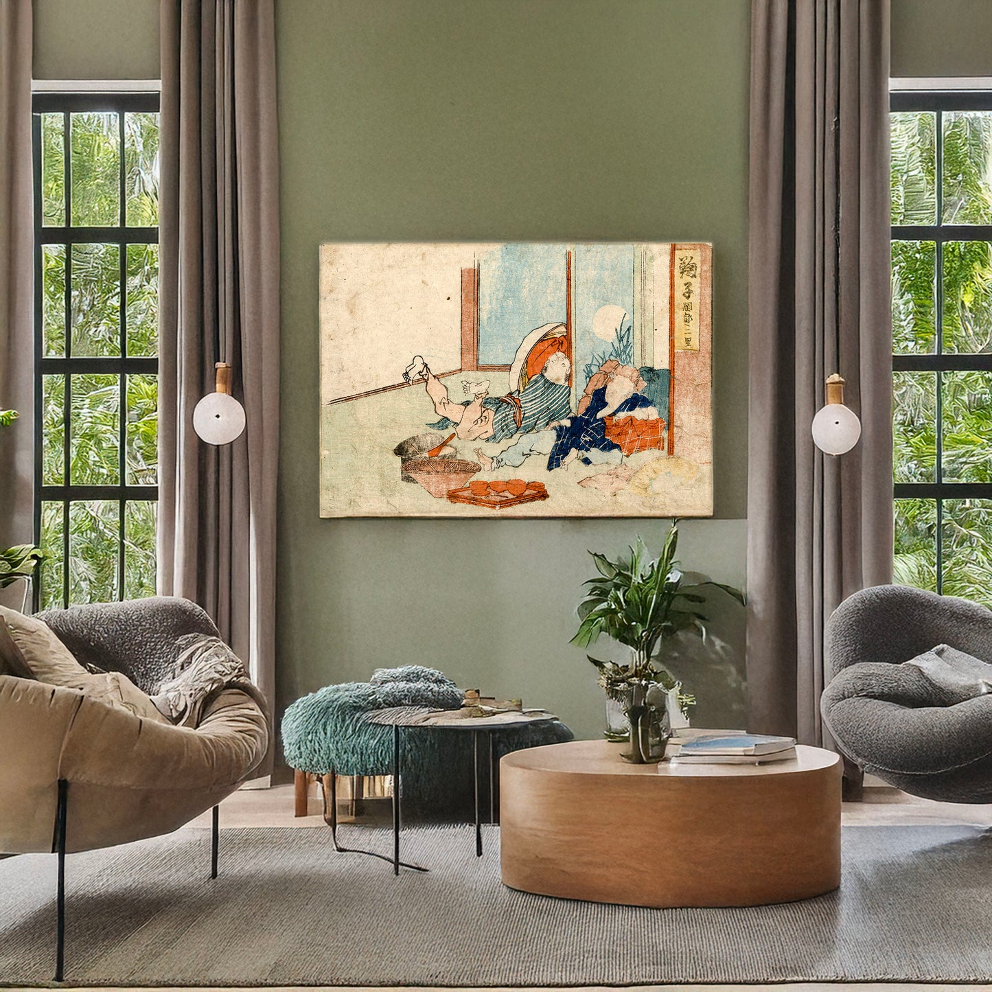 A picture of Mariko, a mockup of the print leaning against a wall