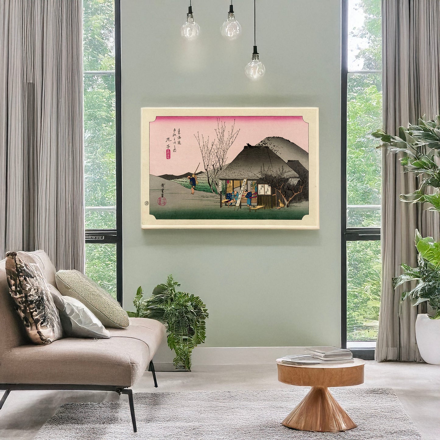 A picture of Mariko, a mockup of the print leaning against a wall