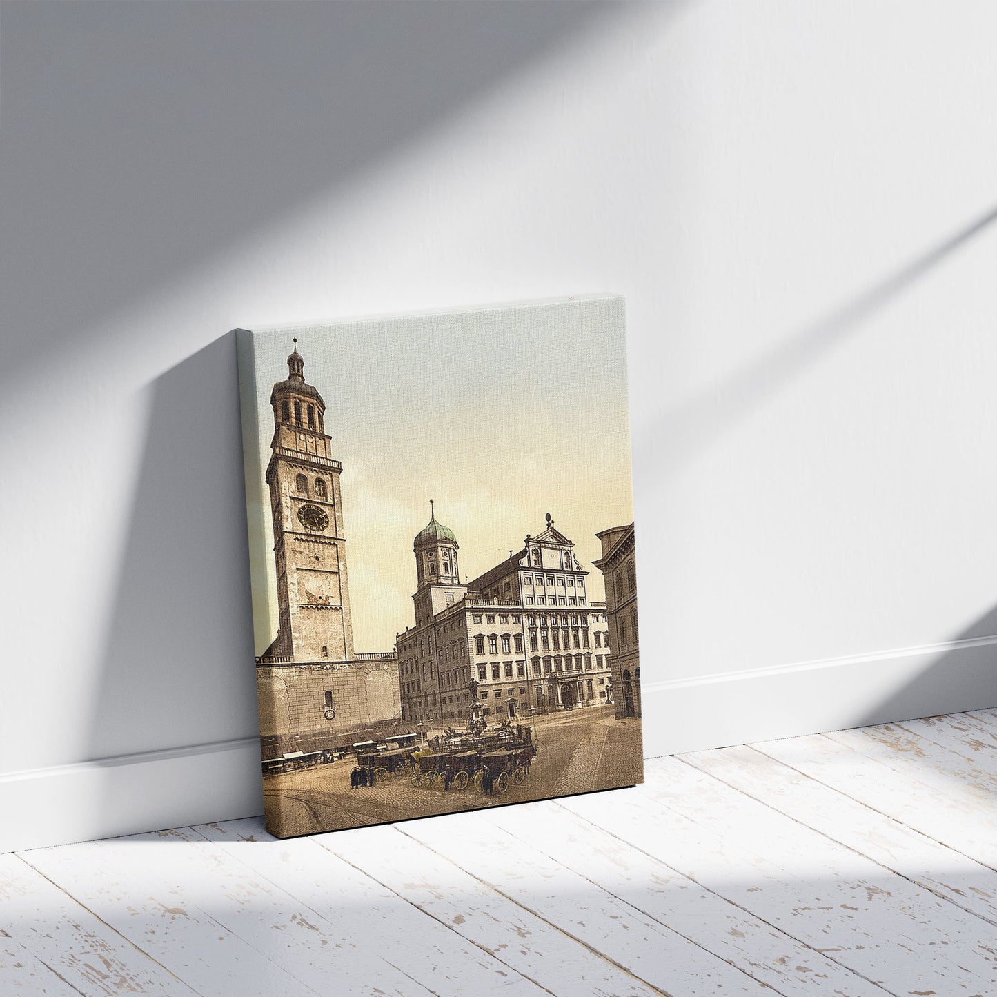 A picture of Market place, Augsburg, Bavaria, Germany, a mockup of the print leaning against a wall