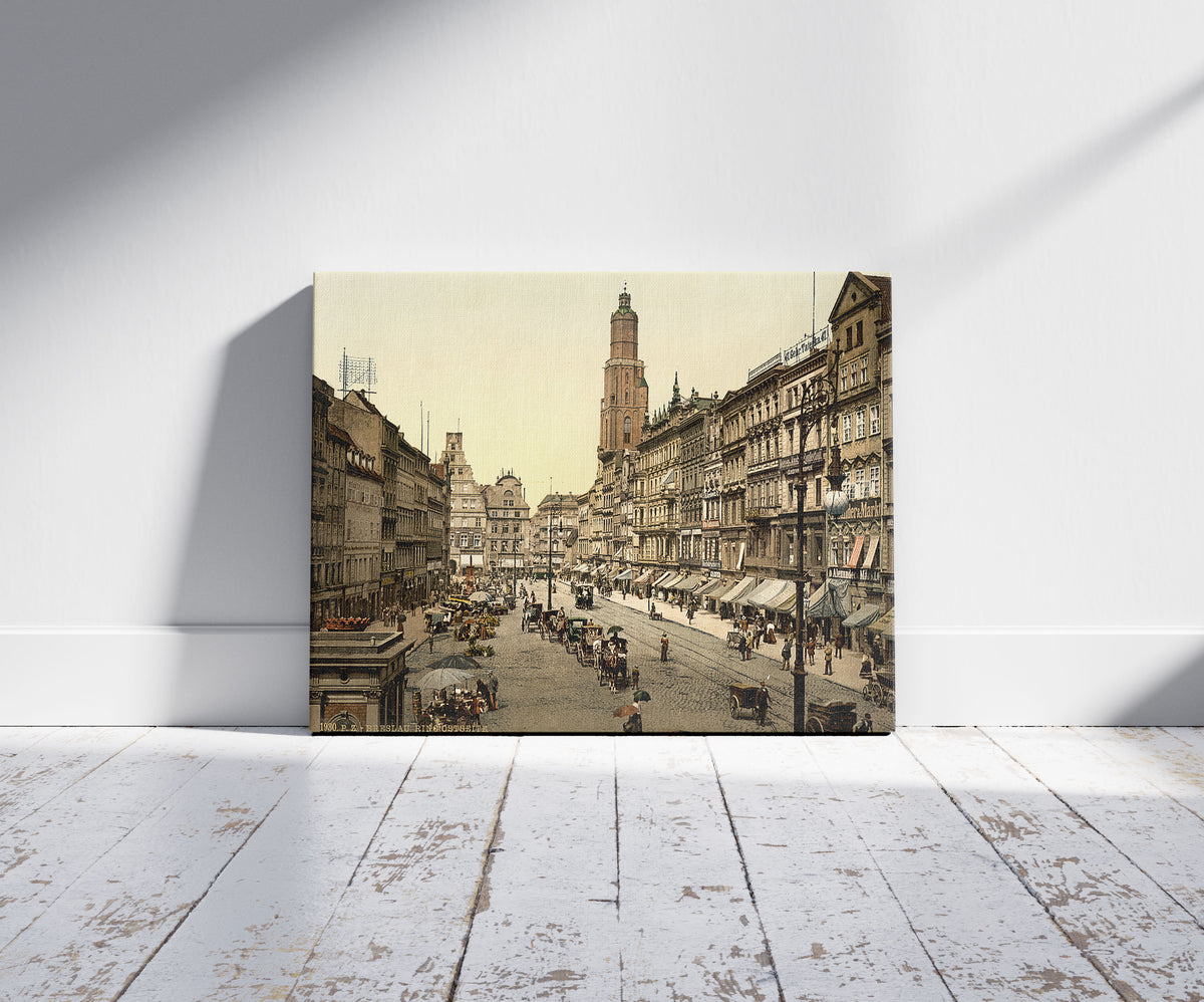 A picture of Market place, from the East, Breslau, Silesia, Germany (i.e., Wrocław, Poland), a mockup of the print leaning against a wall