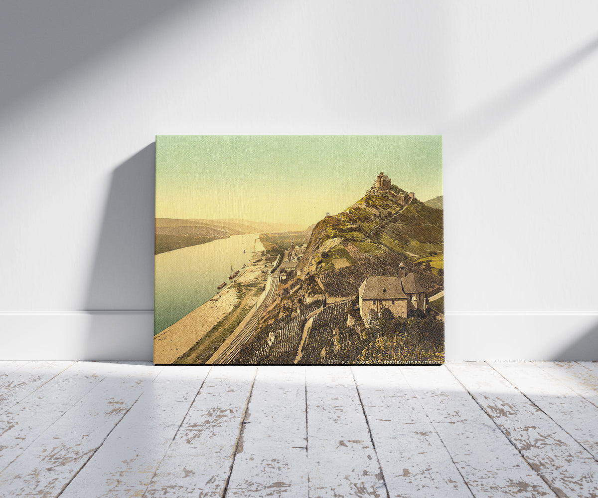 A picture of Marksburg and Braubach, the Rhine, Germany, a mockup of the print leaning against a wall