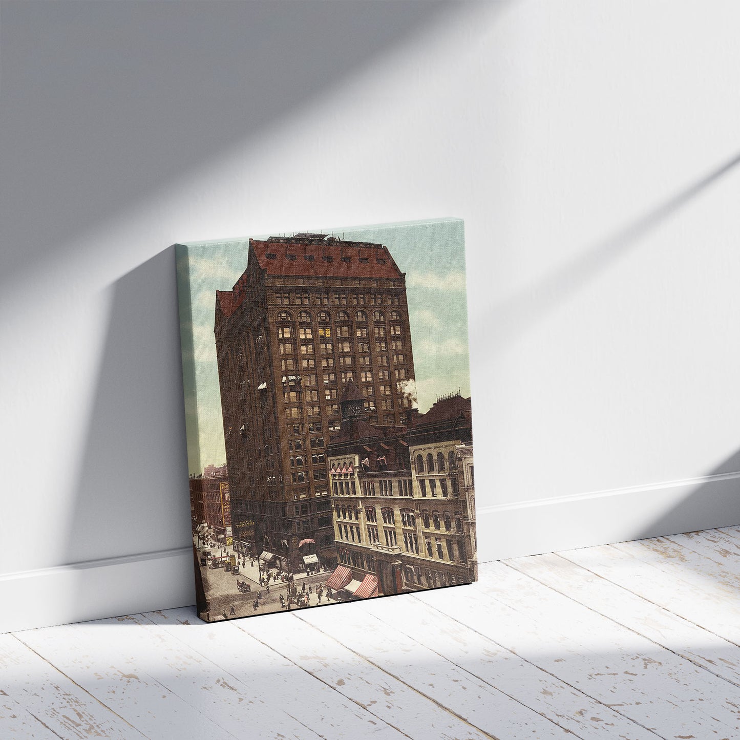 A picture of Masonic Temple, Chicago, a mockup of the print leaning against a wall