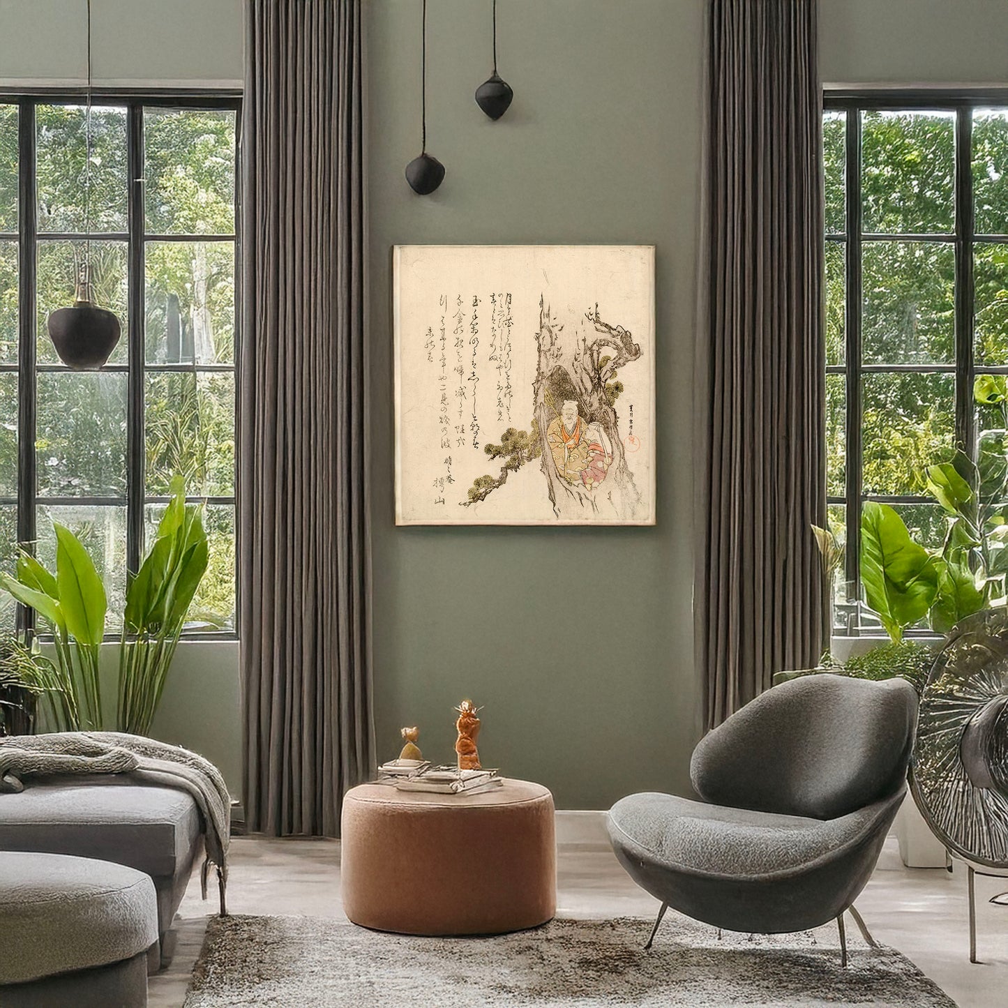A picture of Matsu no hora no takasago no jō to uba, a mockup of the print leaning against a wall