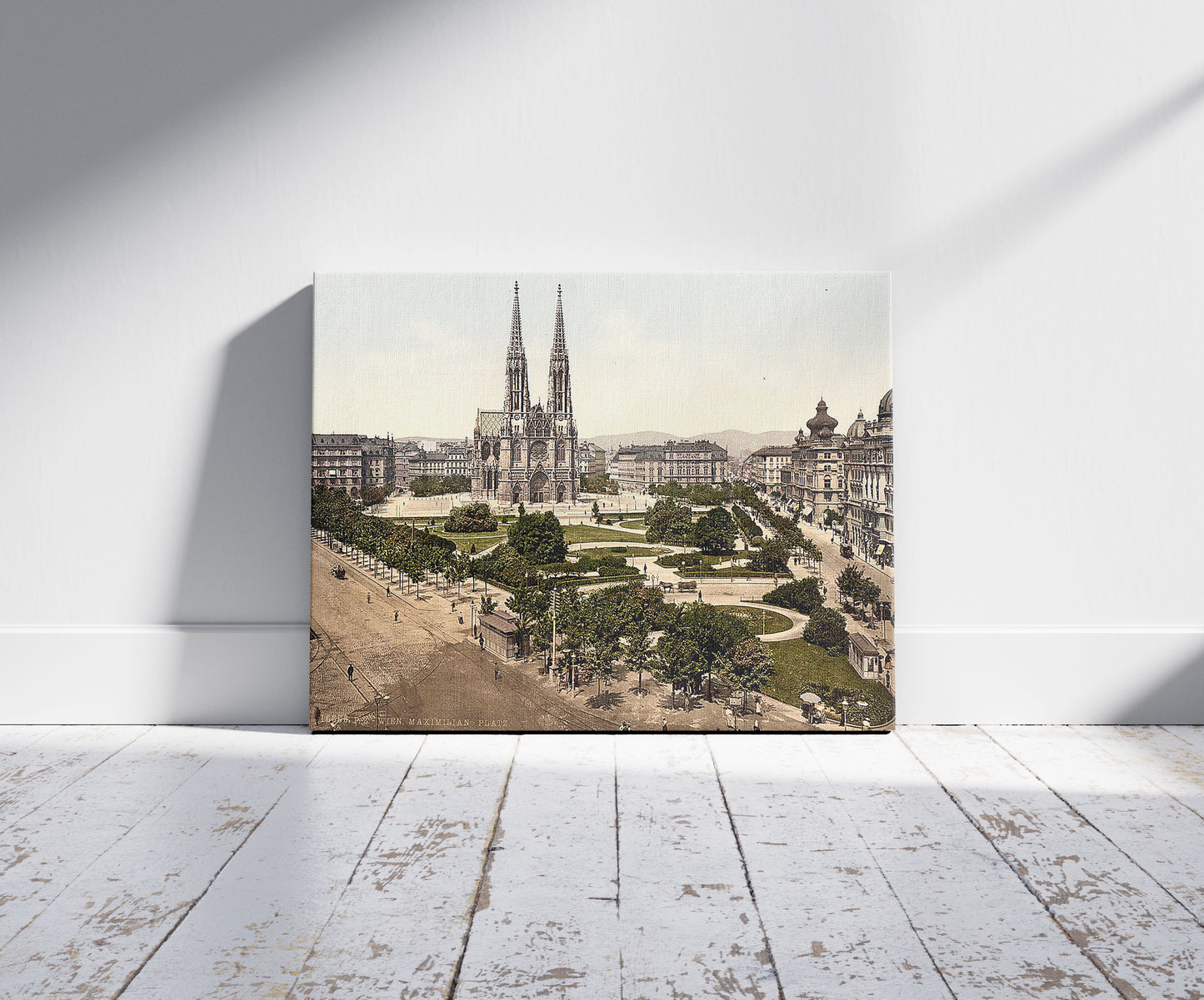 A picture of Maximilian Place, Vienna, Austro-Hungary, a mockup of the print leaning against a wall