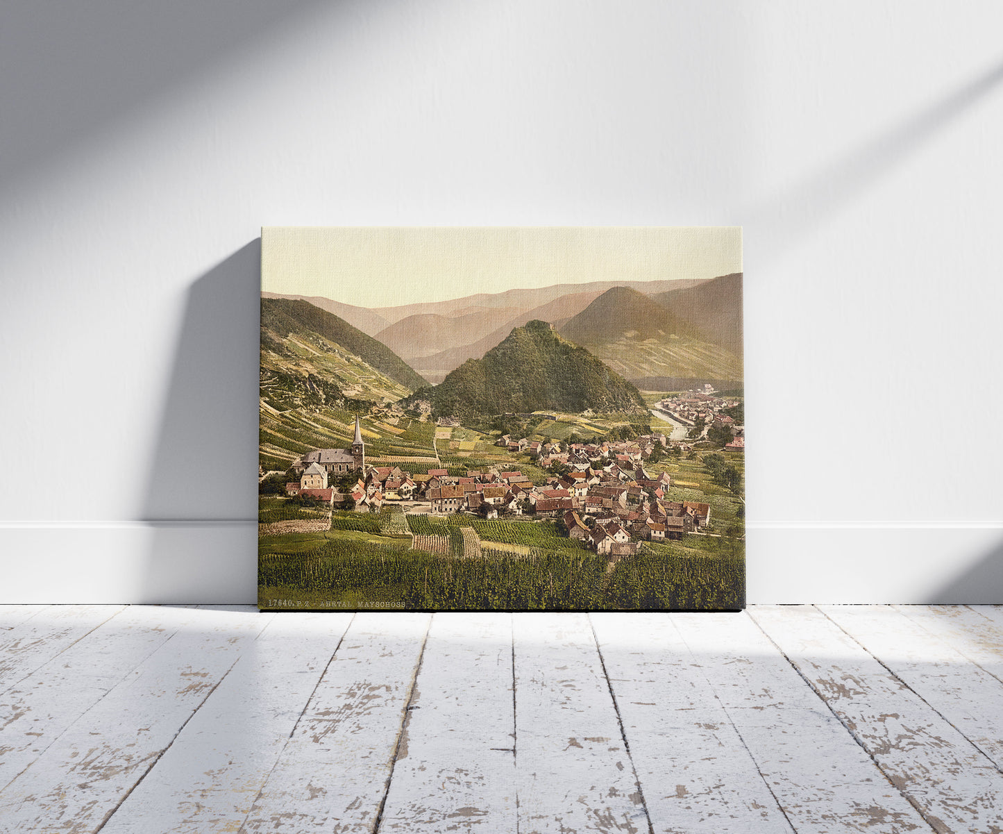 A picture of Mayschloss, Ahrthal (i.e., Ahrtal), the Rhine, Germany, a mockup of the print leaning against a wall