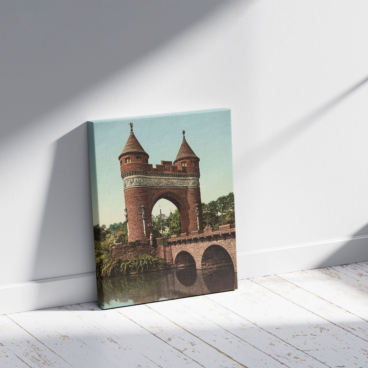 A picture of Memorial Arch, Hartford, Conn., a mockup of the print leaning against a wall