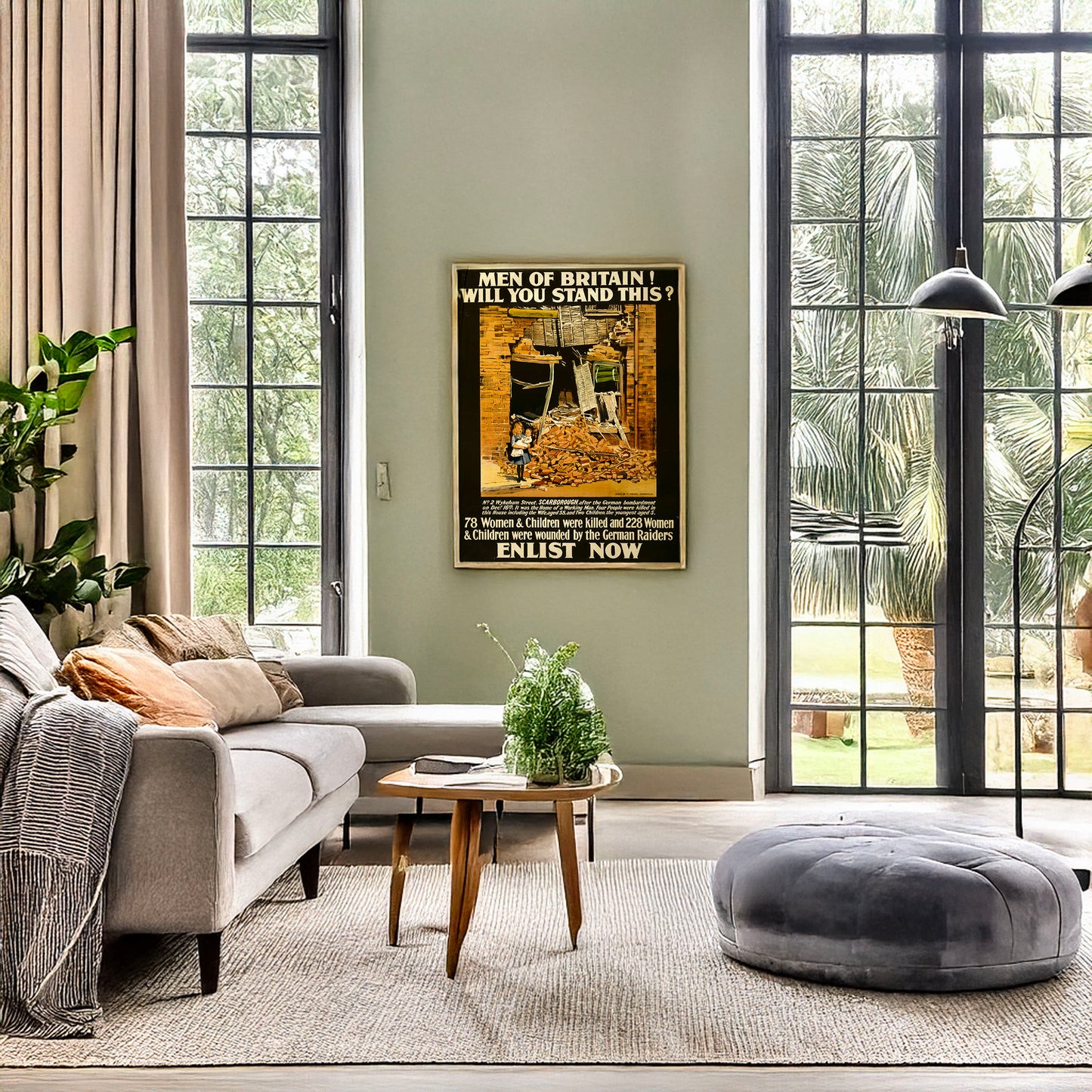A picture of Men of Britain! Will you stand this? 78 women & children were killed and 228 women & children were wounded by the German raiders. Enlist now, a mockup of the print leaning against a wall