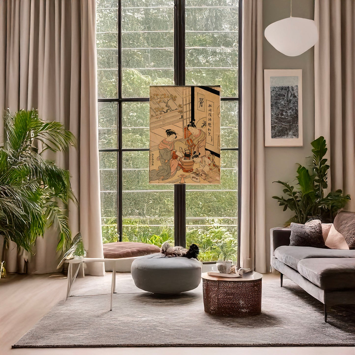 A picture of Momiji daki, a mockup of the print leaning against a wall