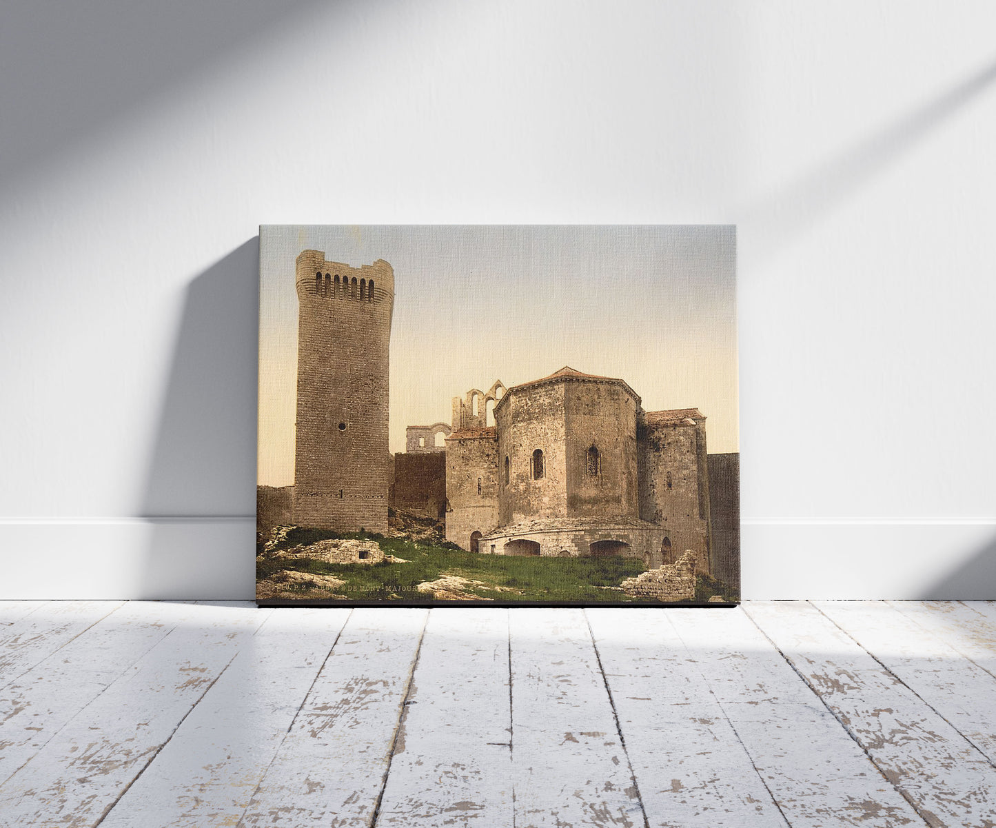 A picture of Mont Majour Abbey (i.e., Abbaye de Montmajour), Orange, Provence, France , a mockup of the print leaning against a wall