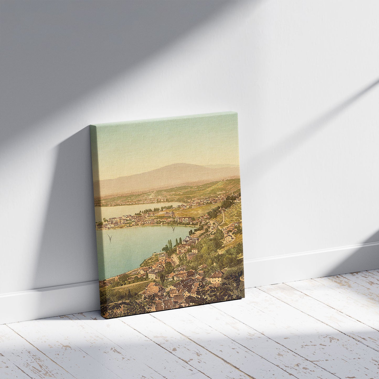 A picture of Montreux, and Clarens, Geneve Lake, Switzerland, a mockup of the print leaning against a wall