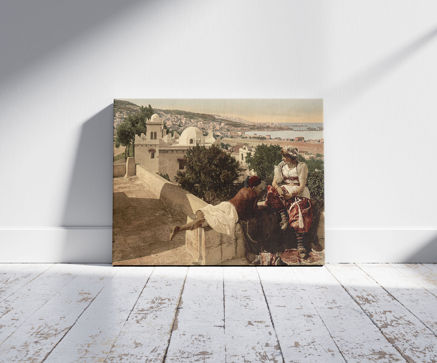 A picture of Moorish woman and child on the terrace, I, Algiers, Algeria, a mockup of the print leaning against a wall