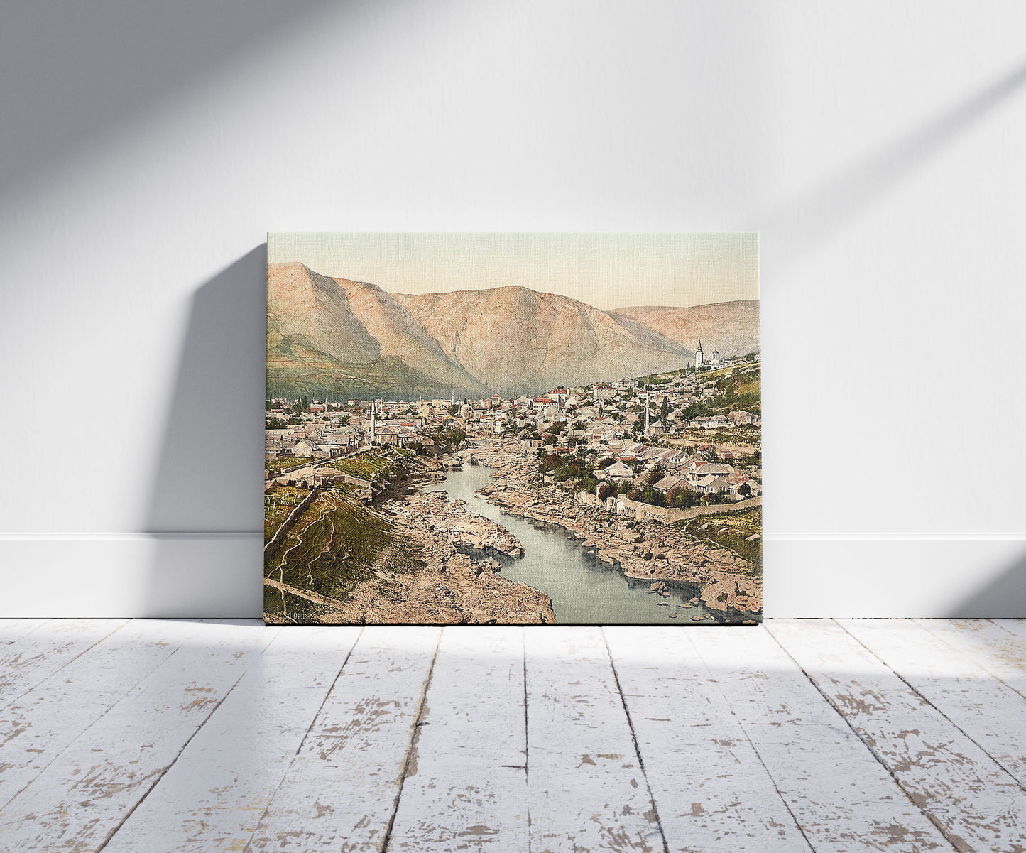 A picture of Mostar, general view, Herzegowina, Austro-Hungary, a mockup of the print leaning against a wall