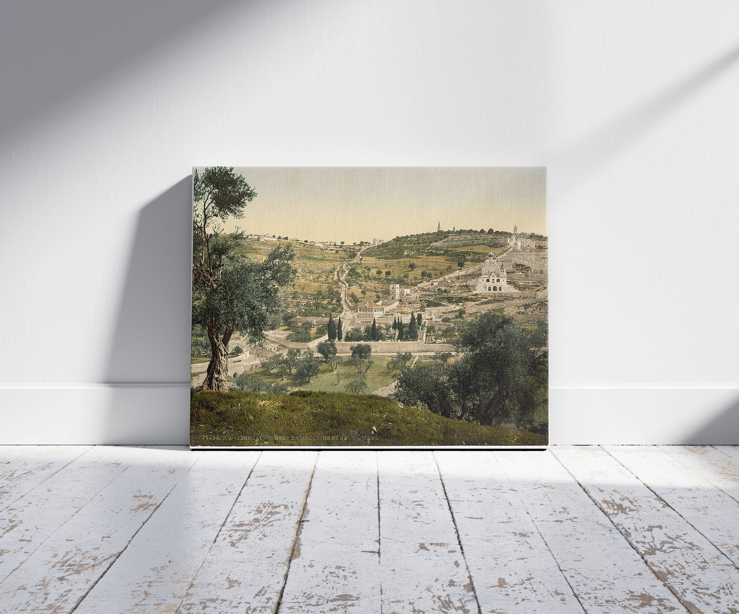A picture of Mount of Olives and Gethsemane, general view, Jerusalem, a mockup of the print leaning against a wall