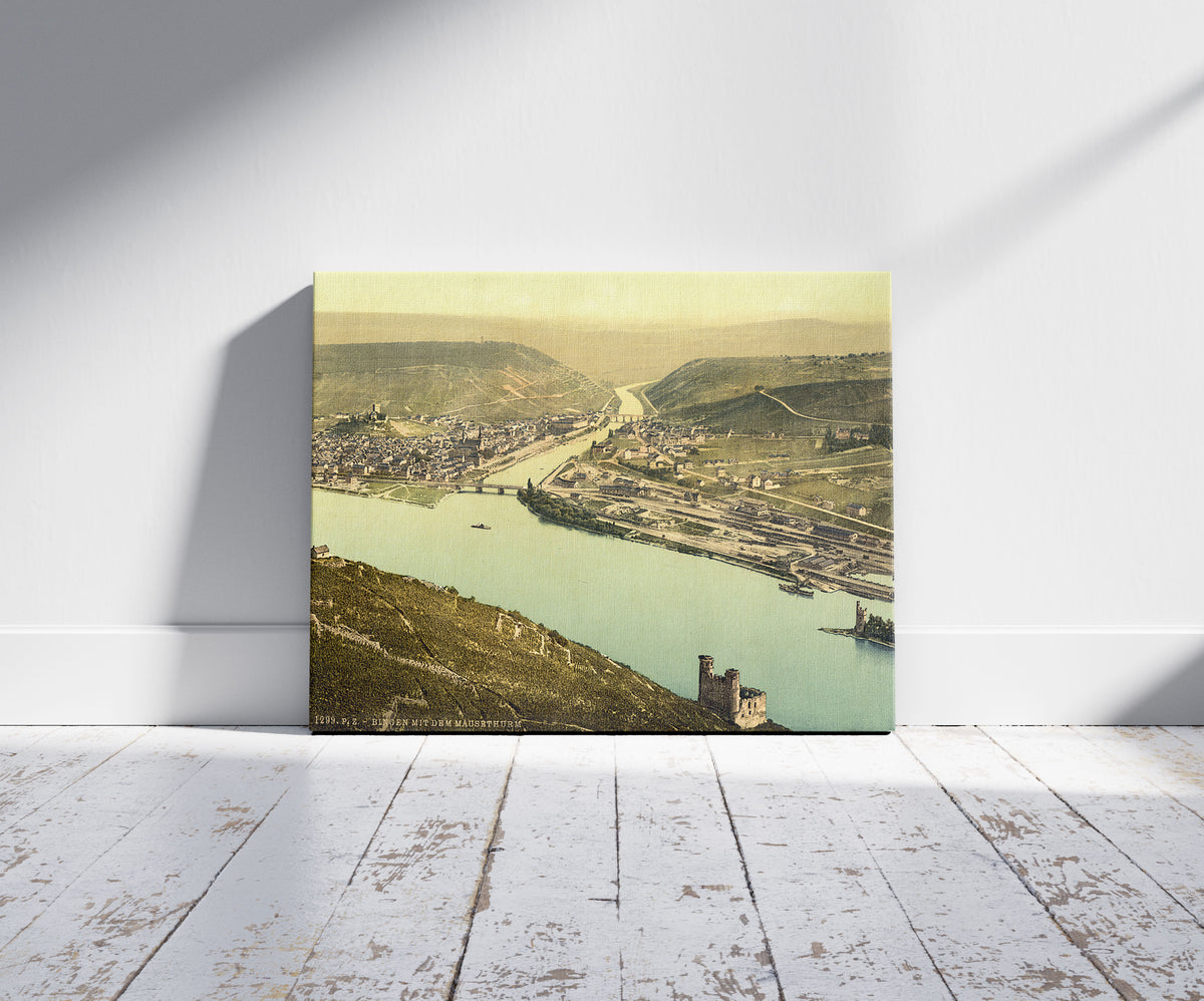 A picture of Mouse Tower and Rossel, Bingen, the Rhine, Germany, a mockup of the print leaning against a wall