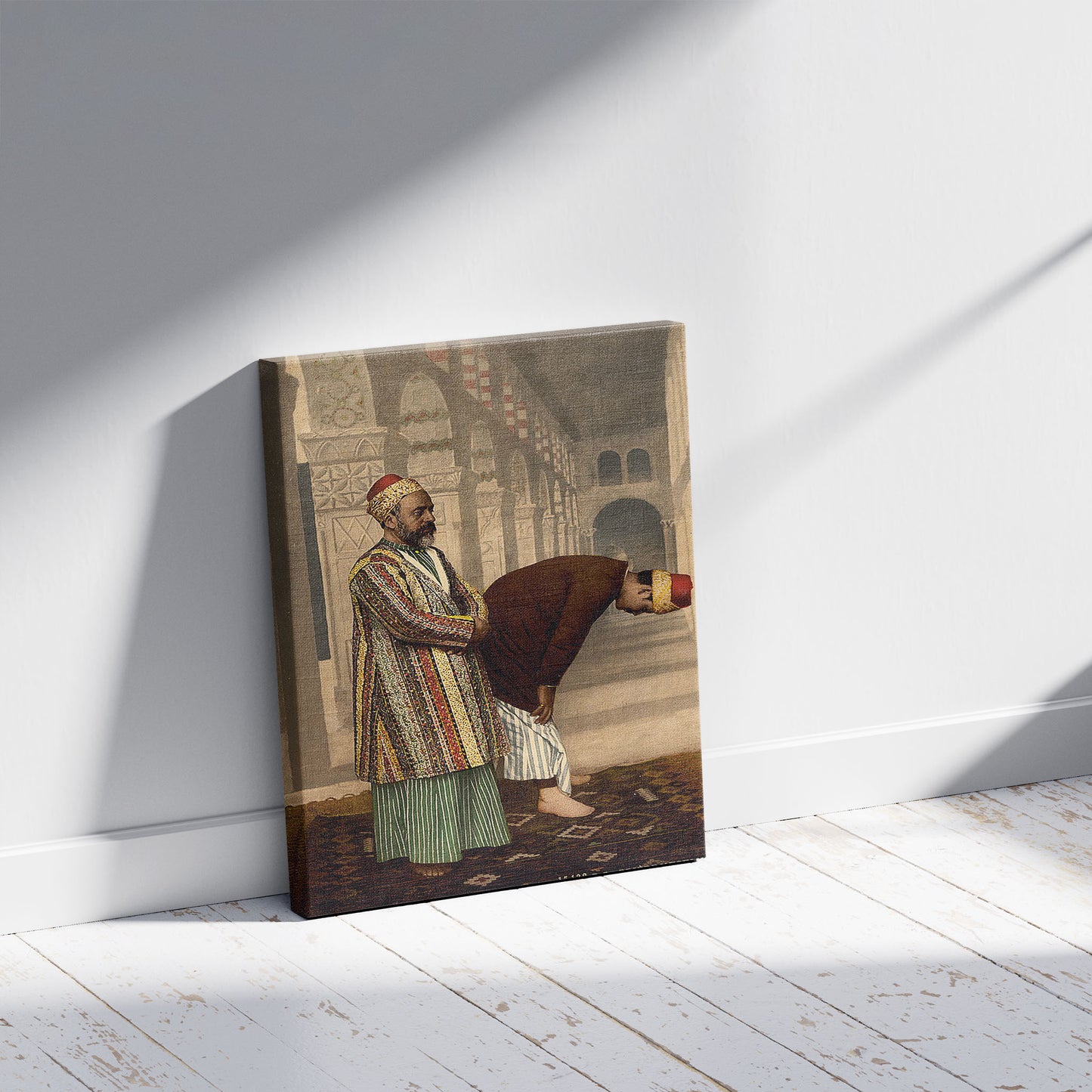 A picture of Mussulmans praying, Holy Land, a mockup of the print leaning against a wall