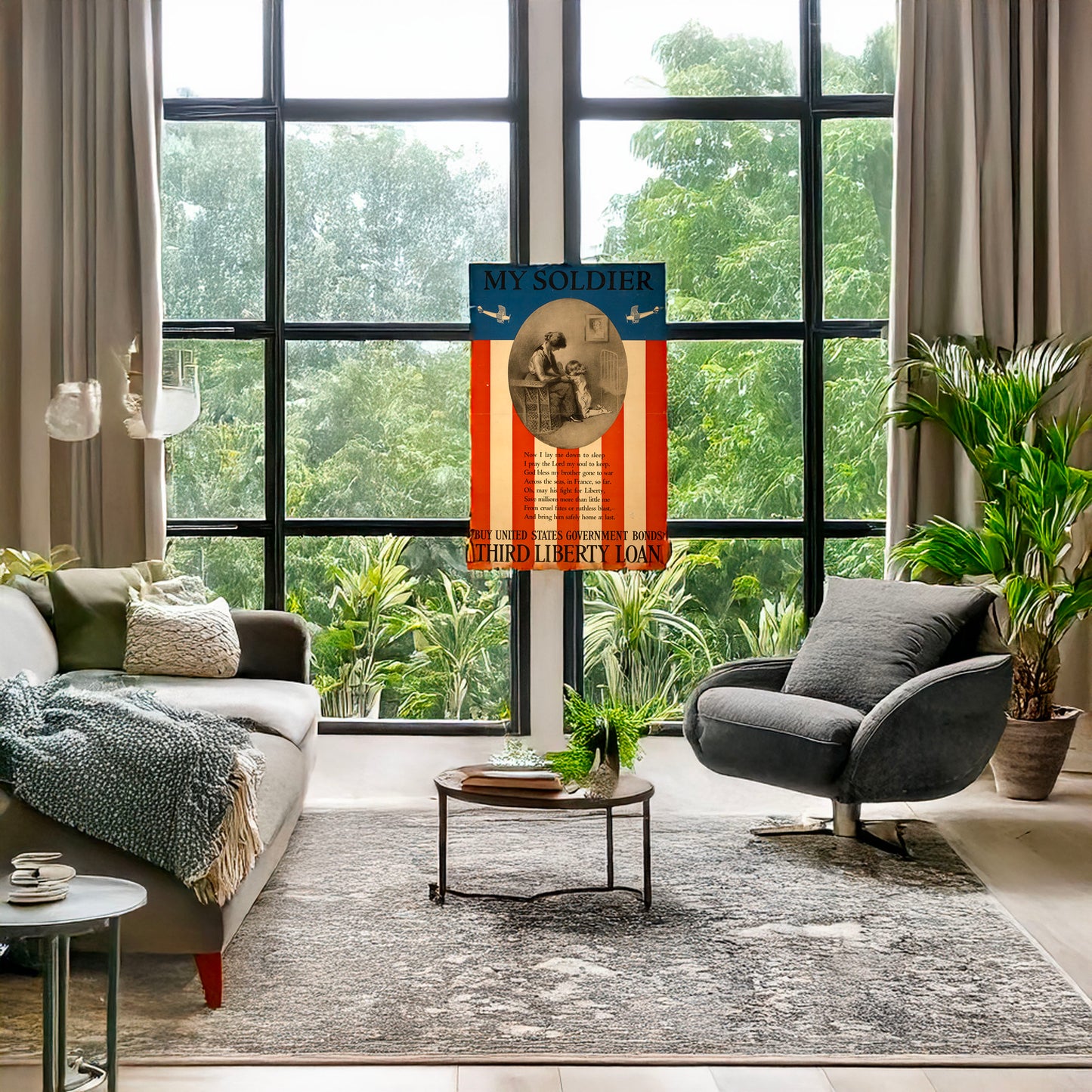 A picture of My soldier Buy United States government bonds--Third Liberty Loan /, a mockup of the print leaning against a wall