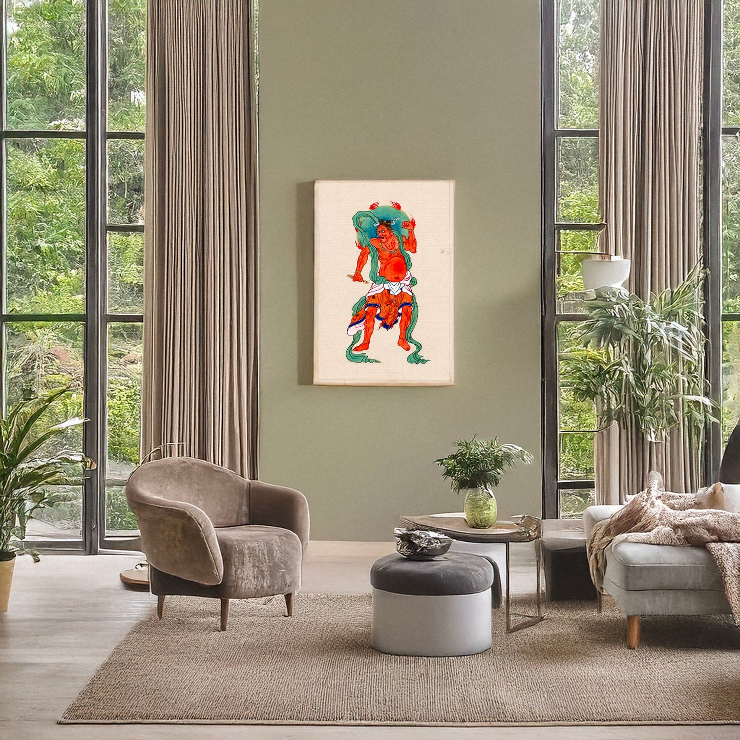 A picture of Mythological Buddhist or Hindu figure, full-length, standing, facing front, with long green sash and flaming green halo behind his head, a mockup of the print leaning against a wall