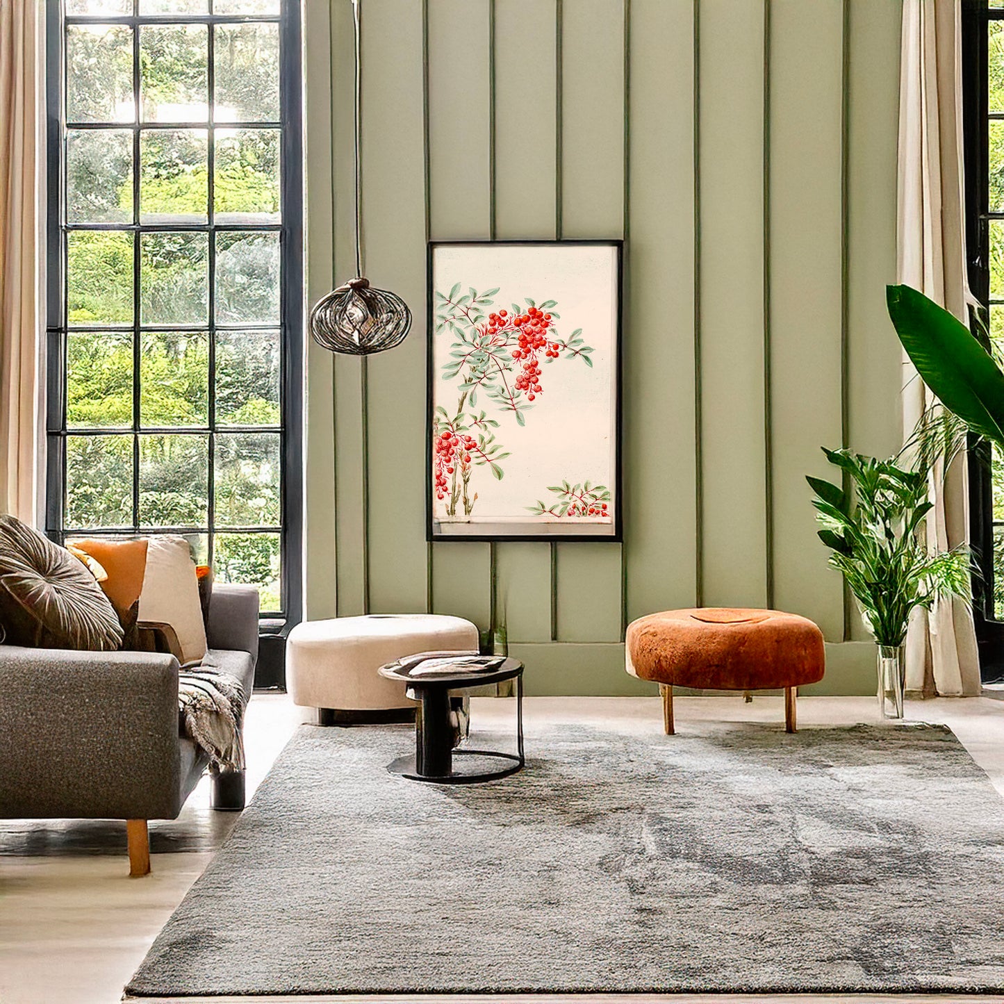 A picture of Nandina bush with berries, a mockup of the print leaning against a wall