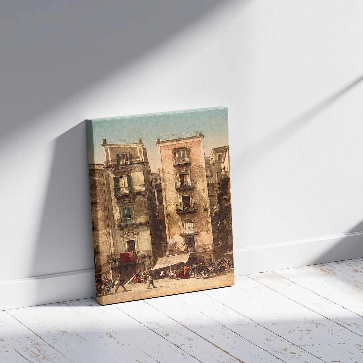 A picture of Narrow streets, Naples, Italy, a mockup of the print leaning against a wall