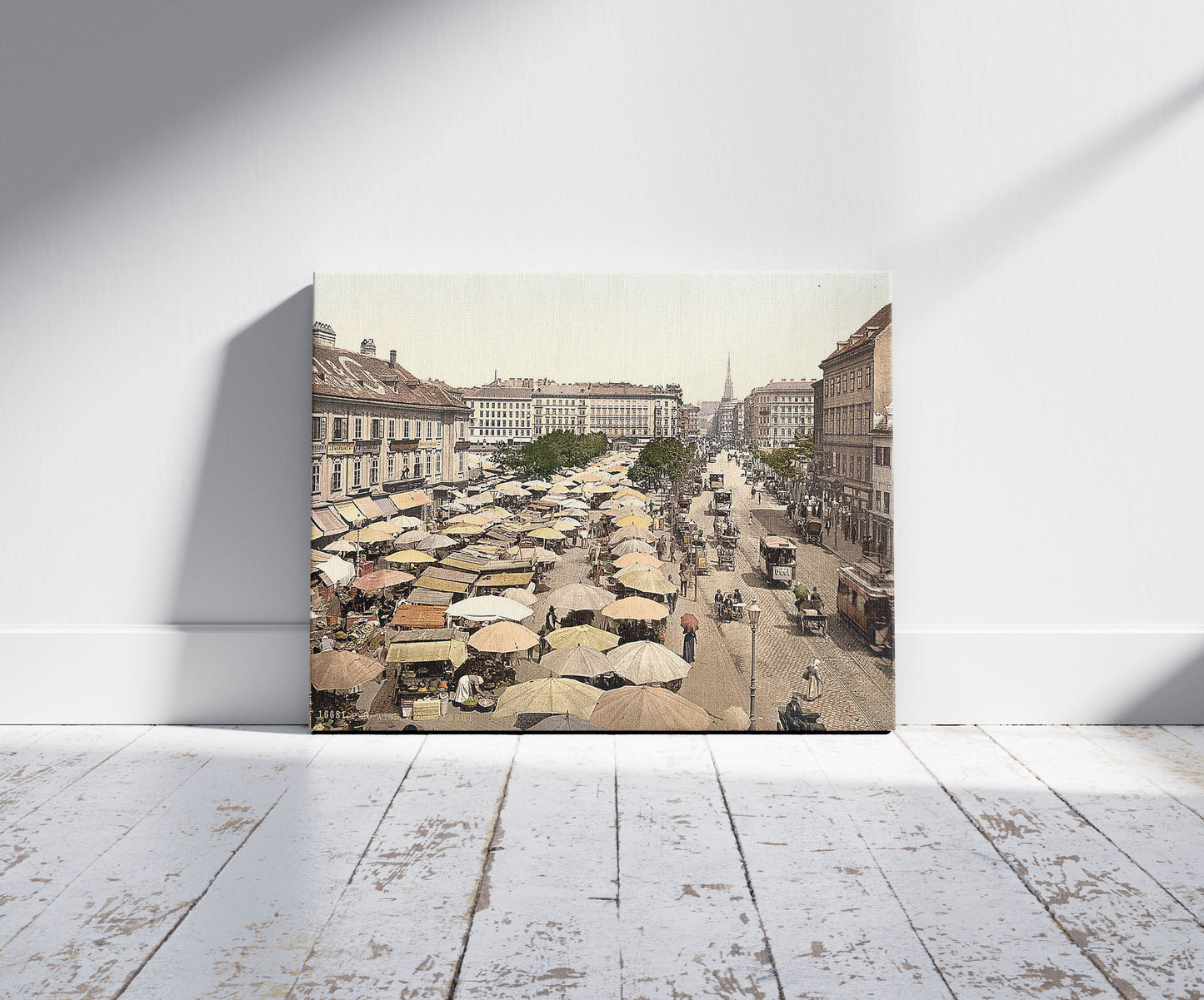 A picture of Nasch Market, Vienna, Austro-Hungary, a mockup of the print leaning against a wall